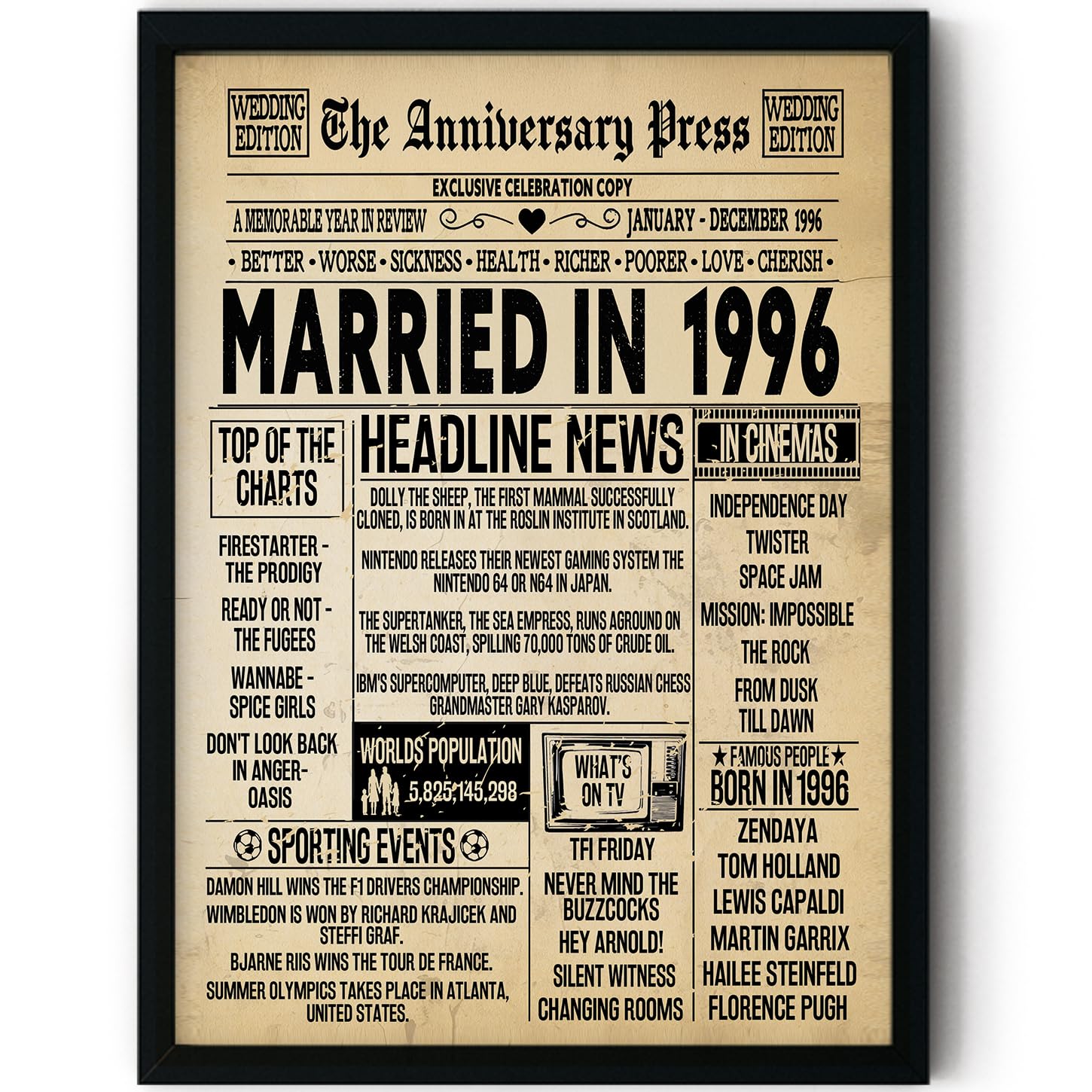 Stuff4 30th Anniversary Poster Framed - Married In 1996 Newspaper - 30 Wedding Anniversary for Men Women Retro Vintage Gifts Back In 1996, 8x10 Inch Anniversaries Posters