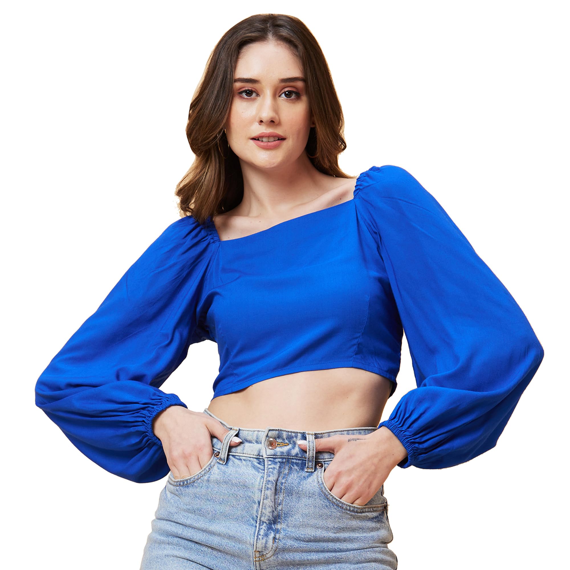 globus Women Solid Royal Blue Balloon Sleeve Crop Top-picture-29