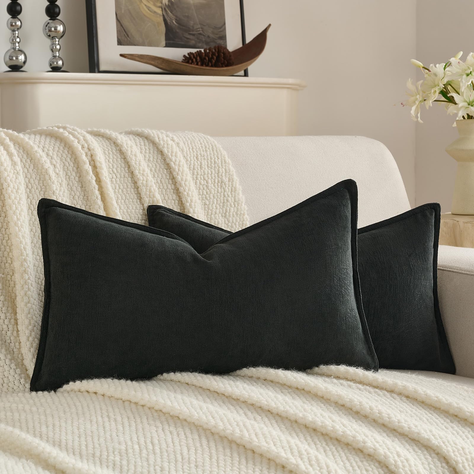 FUTEI Set of 2 Solid Chenille Cushion Covers 30x50 cm, Black โ image 1