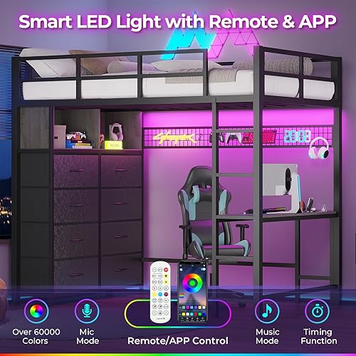 Miniatura 6 de ADORNEVE Cama tipo loft de tamaño individual con escritorio y 8 cajones de almacenamiento, cama alta de metal individual con luces LED y estación de