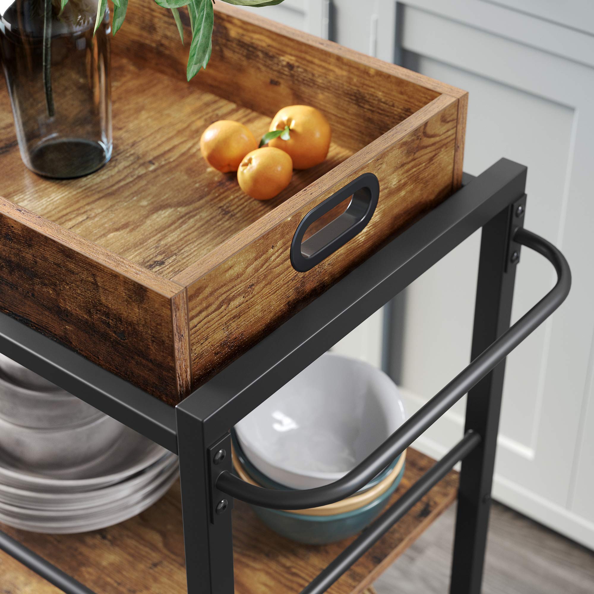 VASAGLE Desserte de Style Industriel, Chariot de Cuisine, avec Plateau Amovible, avec Pieds RÉglables et roulettes, ÉtagÈre, Cadre en Acier, 40 x 72 x 86 cm, Marron Rustique et Noir LRC72X