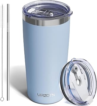 Travel Coffee Tumbler 20oz, Leakproof Travel Coffee Mug with Dual Lids and Straw, Stainless Steel Double Wall Vacuum Insulated Tumbler for Hot/Iced Drinks Light Blue, Textured Matte