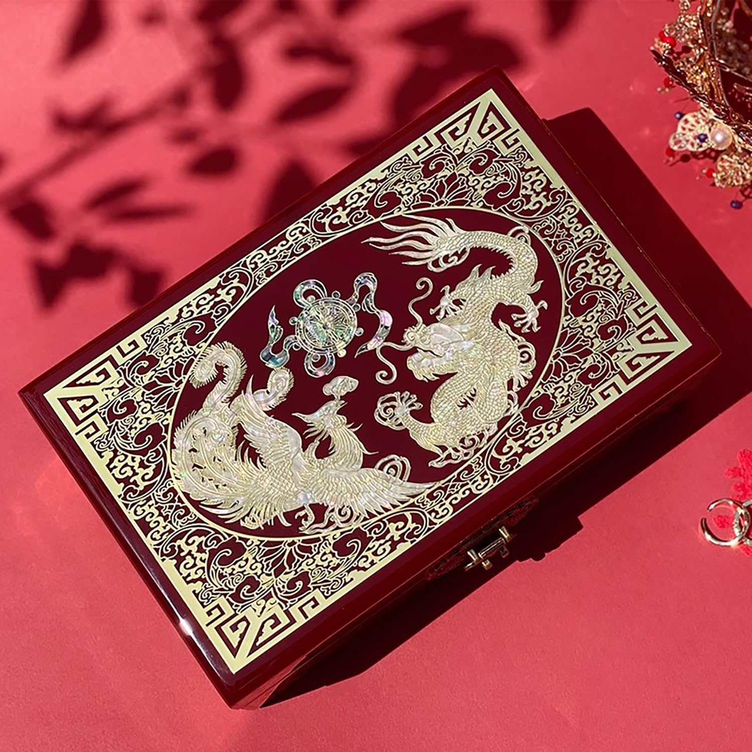 Drewniana skrzynia na biżuterię z wkładką z naturalnej muszli, organizer do przechowywania w stylu vintage, antyczne ozdobne pudełko na drobiazgi, idealna na prezenty ślubne i kolekcję biżuterii