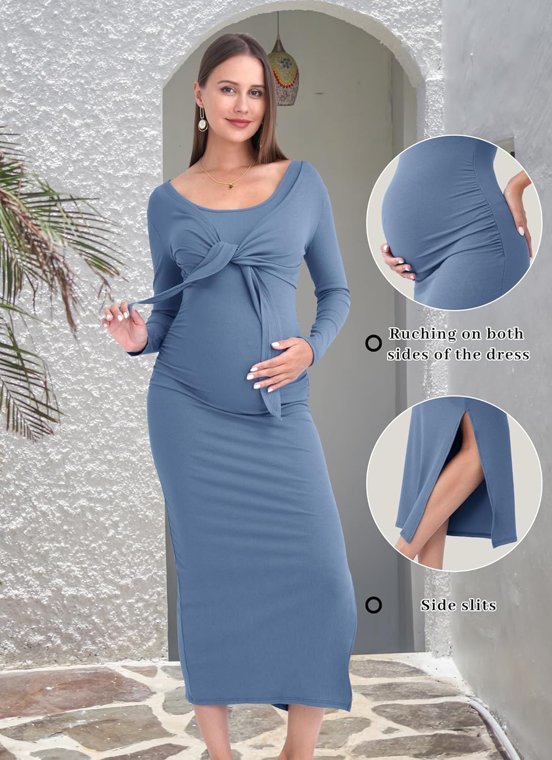 2 PCS Maternity Dress Short Cardigan Bodycon Maxi Formal Dresses Baby Shower Fall Winter for Women - Image 4