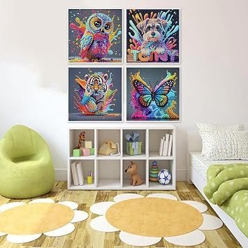 4 Pack Diamond Art Kits for Kids, Diamond Painting Animal, Crafts for Kids Girls and Boys 6 7 8 9 12, Diamond Crystal Art Mosaic kits Improve Children'S Hands on Ability for Home Wall Decor (6x6 Inch)