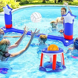 ThinkMax Large Pool Volleyball Set Pool Volleyball Net & Pool Basketball Hoops with 2 Beach Balls, Pool Games for Family a...