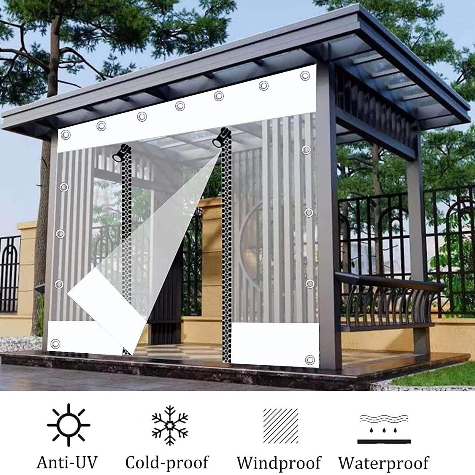 Toldo de PVC transparente para patio, porche y cenador, resistente a la intemperie, duradero, con cremalleras, paneles blancos transparentes para protección y estilo
