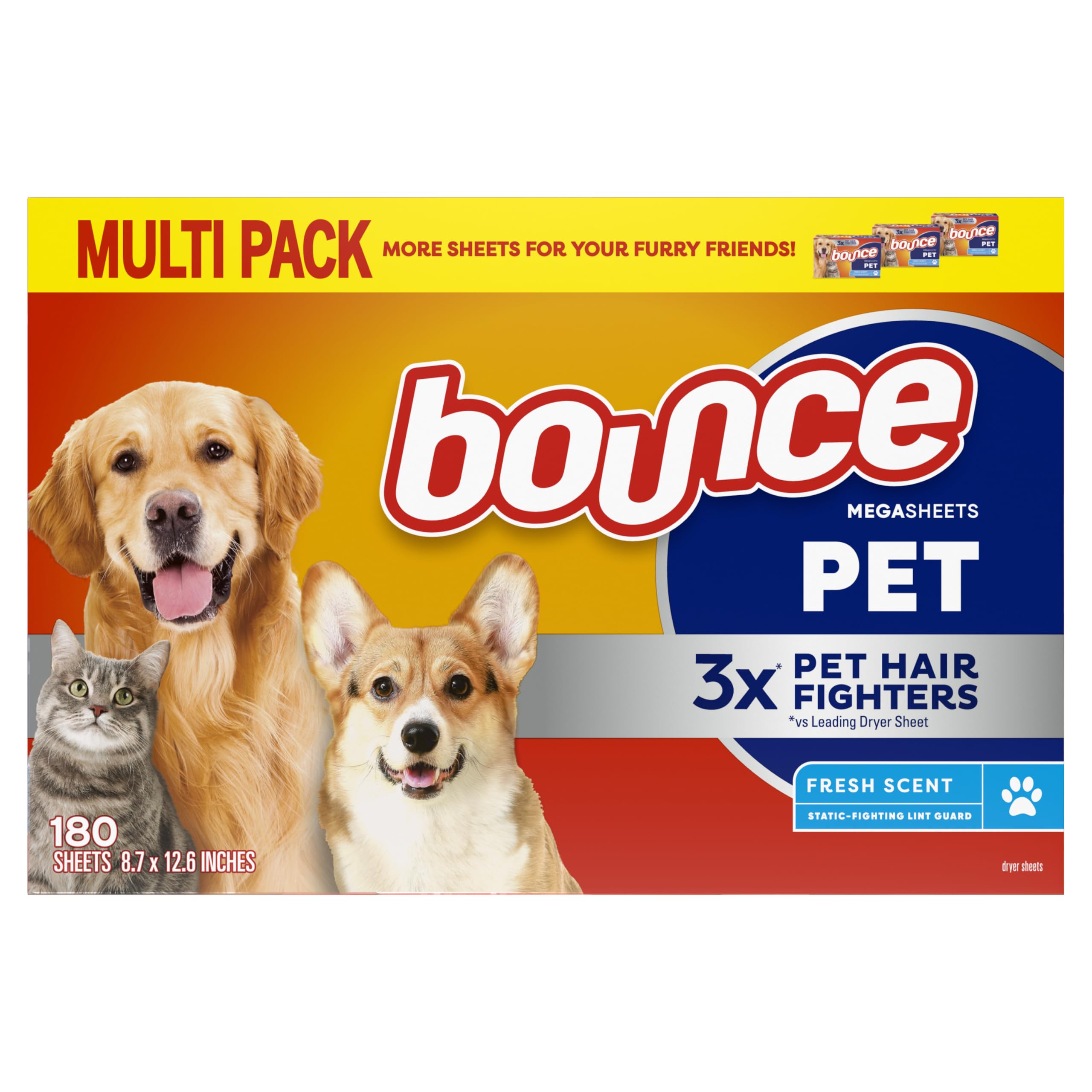 Bounce Pet Hair and Lint Guard Mega Dryer Sheets with 3X Pet Hair Fighters, Fresh Scent, 180 Count