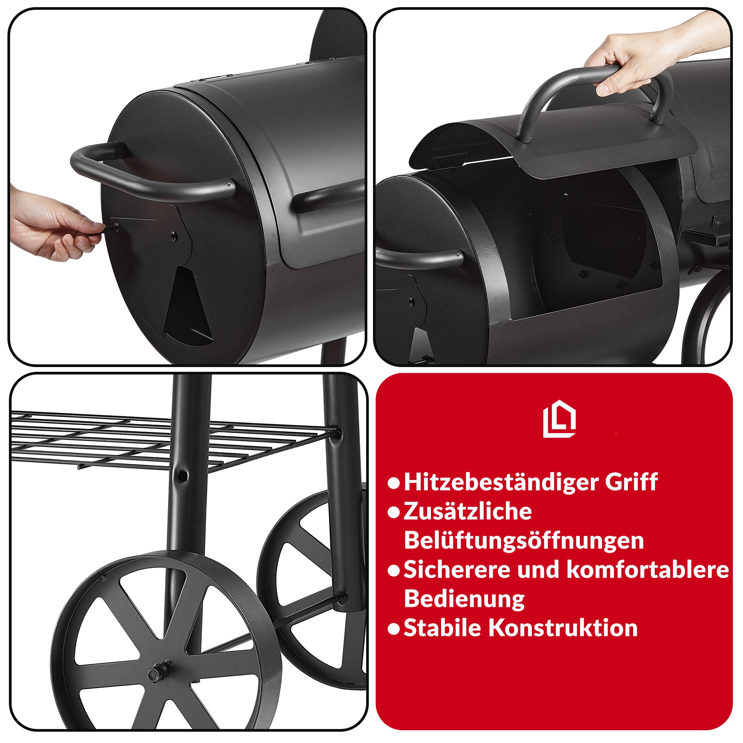 LEHMANN Holzkohlegrill & Smoker Grill 2-in-1, BBQ Grill mit Deckel, integriertem Thermometer und hitzebeständigem Griff, fahrbarer Grillwagen mit Rädern, 2-Kammern Standgrill für Garten, Schwarz