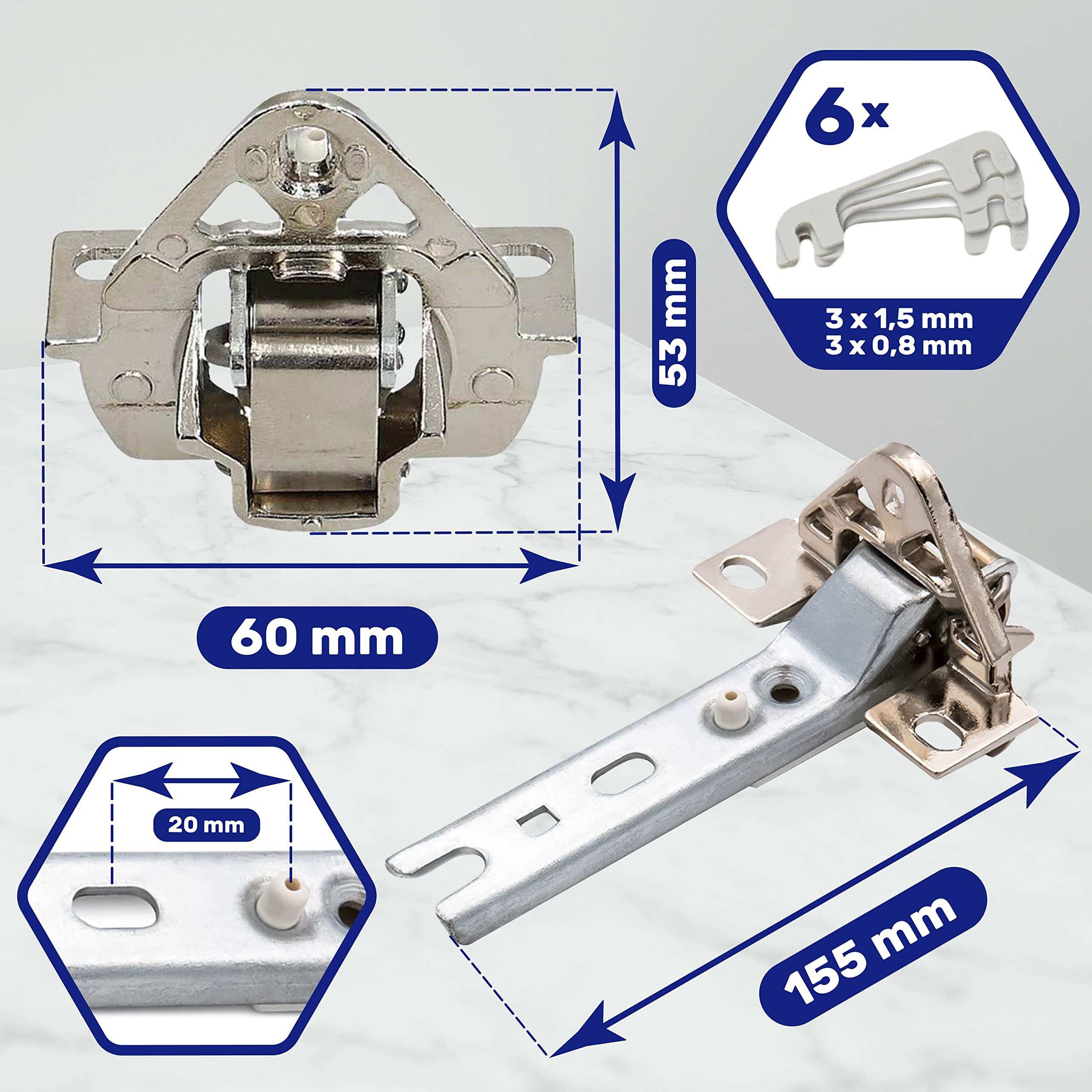 Satz mit 3 Scharniere und 6 Unterlegscheiben 00268699 268699 5554870 zum Kühlschrank Tür Scharnier Reparaturset für Bosch für Siemens für Miele für Whirlpool für Philips Garantie 10 Jahre - Monteral