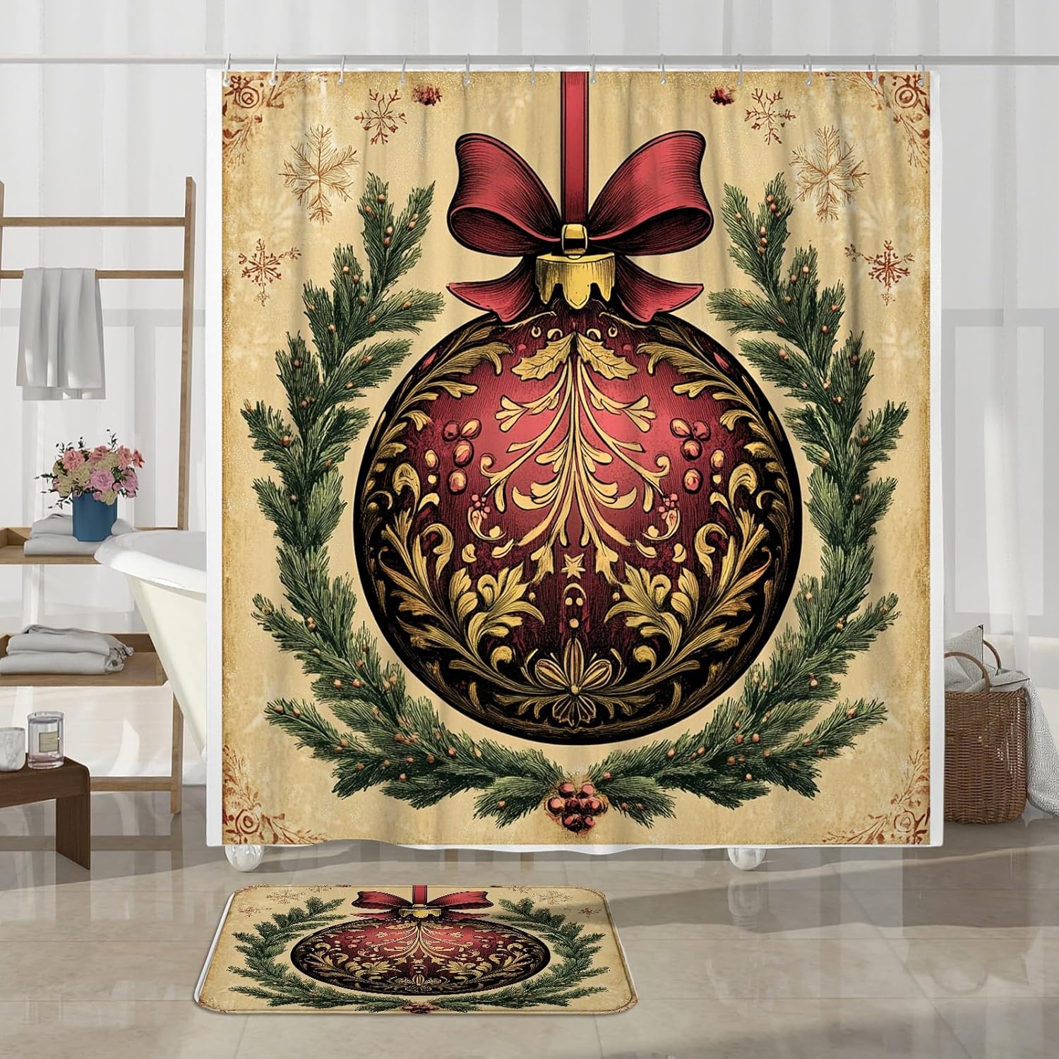 4PCS Vintage Merry Christmas Balls Bathroom Sets with Non-Slip Rug, U Shape Toilet Lid Cover Mat, Aesthetic Retro Xmas Bathroom Decoration 72''x72''