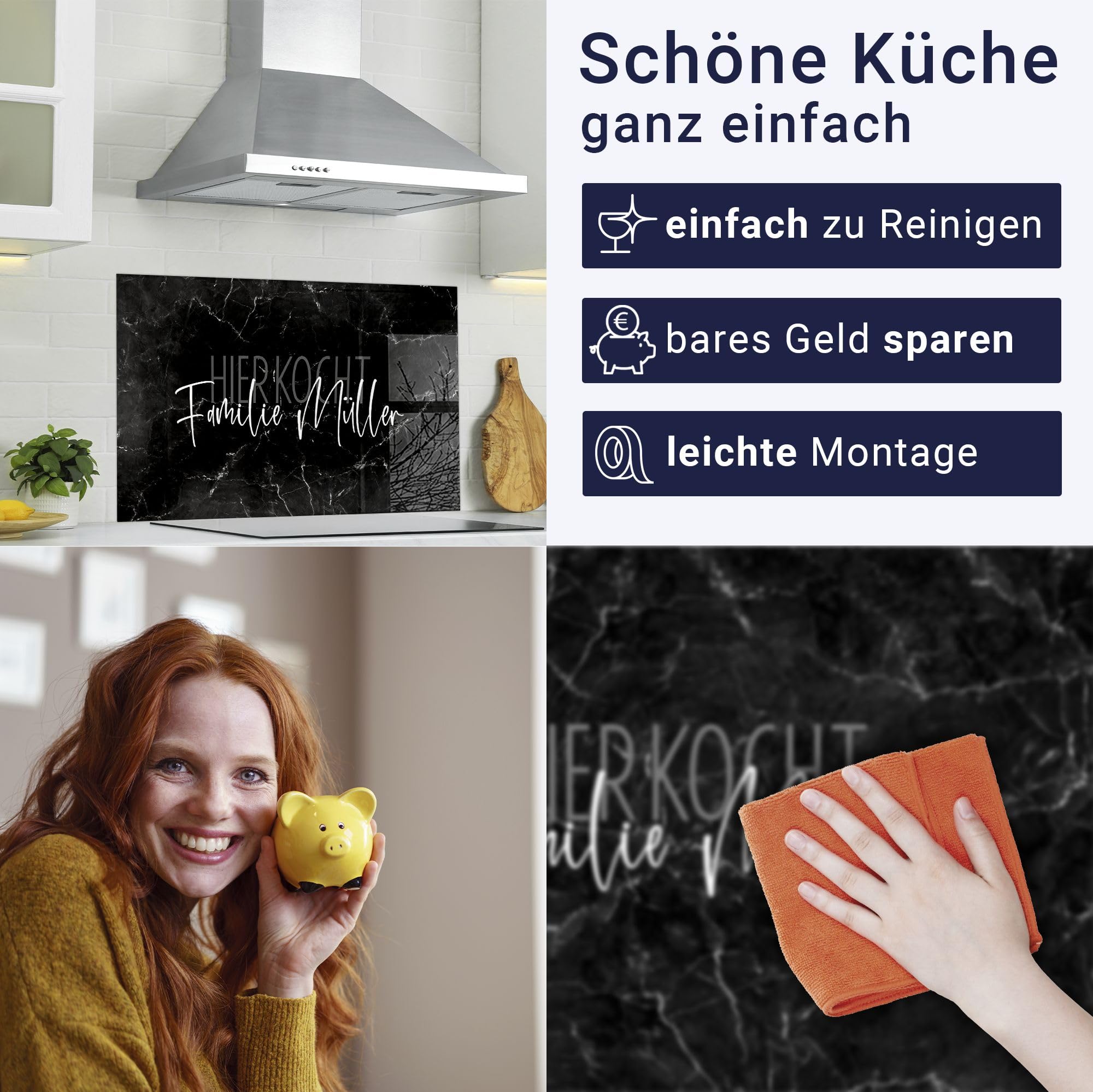 timalo Herd Spritzschutz Wand Spüle, Küche Küchenrückwand Glasoptik | Acryl Glas 2mm | Glasrückwand Acrylglas - personalisiert mit Namen - Rückwandschutz Platte | 80x50cm Marmor schwarz