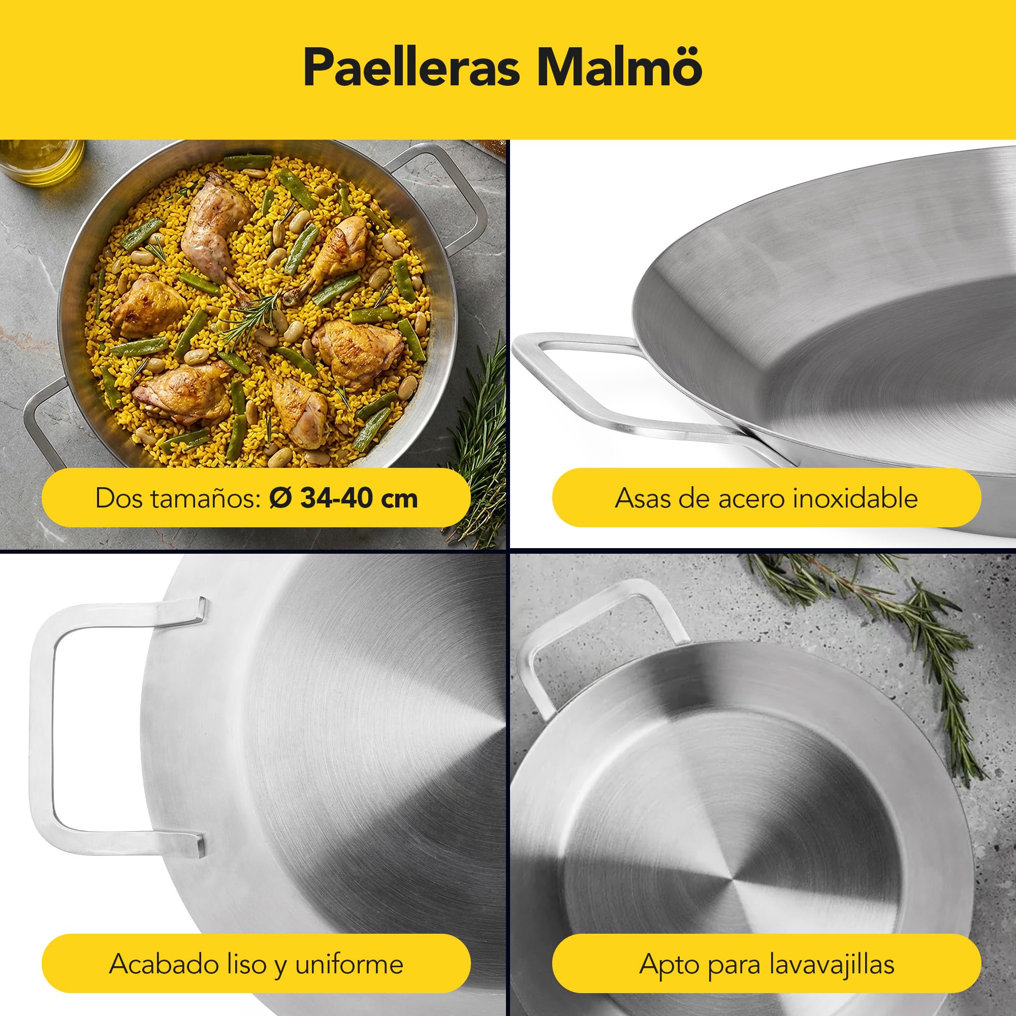 Castey - Paellera Inox Malmö, M-V40, Color plata, 40 cm, Acero inoxidable, Trimetal induction, libre de PFAS, Apta para todas las cocinas.