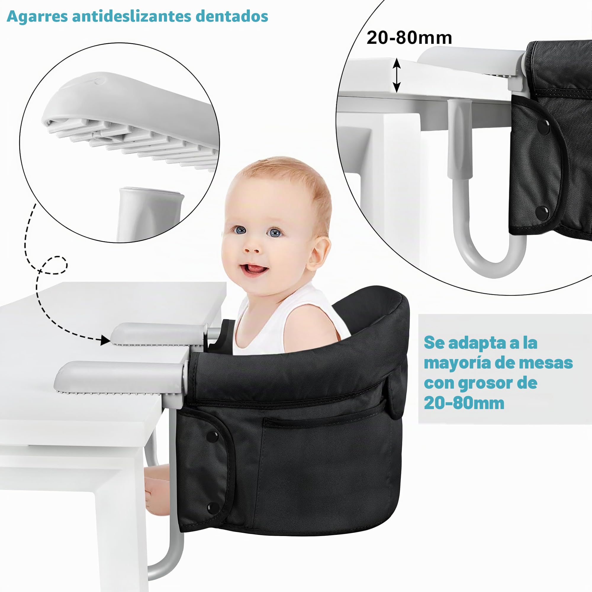 UISEBRT Asiento de mesa plegable para bebé, silla elevadora para bebé, con pinzas antideslizantes y cinturón de seguridad, trona portátil para niños y viajes, color negro