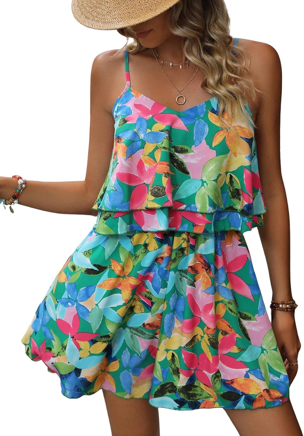 Women's Boho Wide Leg Short Romper Spaghetti Strap Layered Ruffle Vacation Summer Jumpsuit