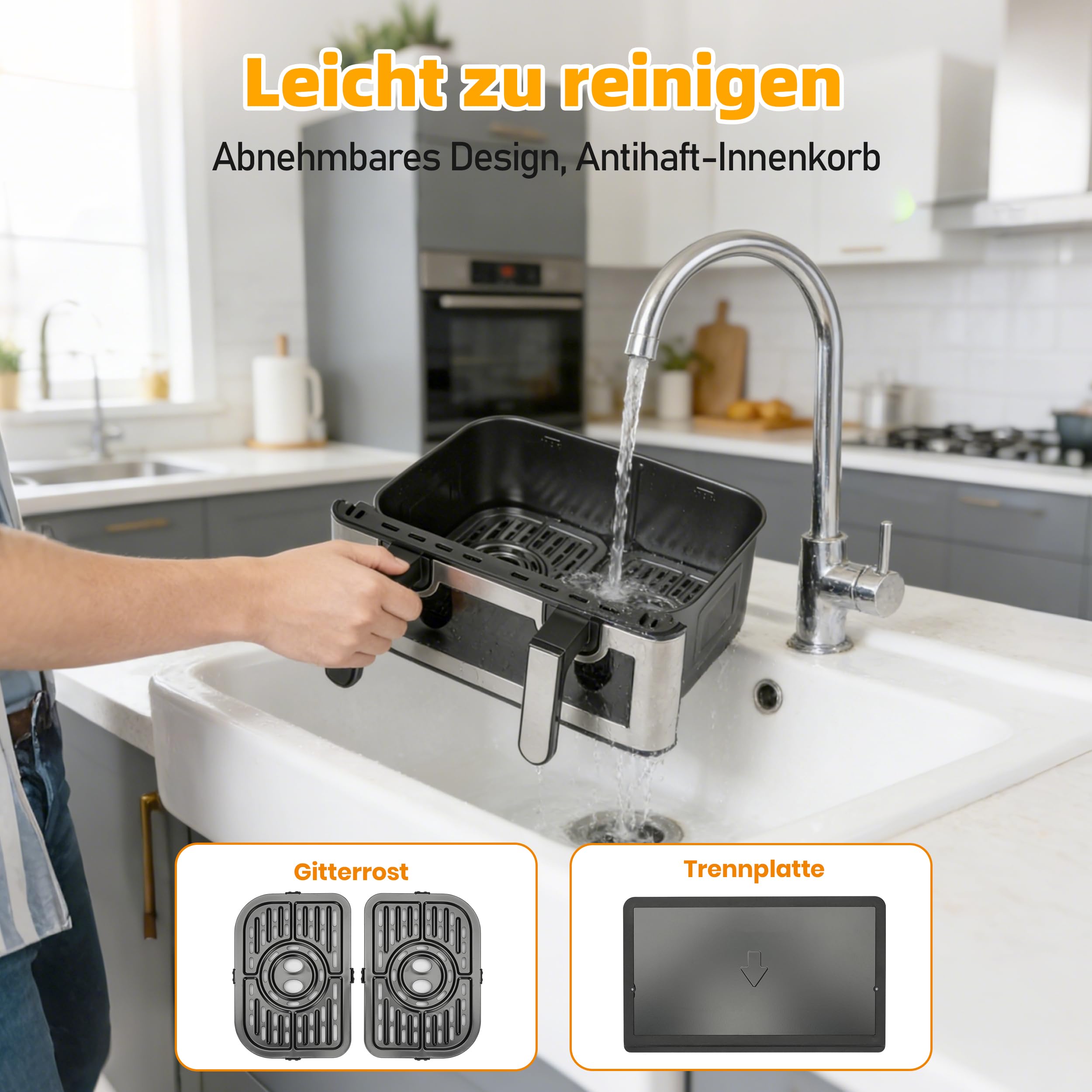 Air Fryer 9L 2000 W, Heißluftfritteuse 2 Kammern mit kühlem Griff | Digitaler Touchscreen, Sichtfenster, Sync Finish, Dual Cook, abnehmbare Trennwand, XXL, 903A