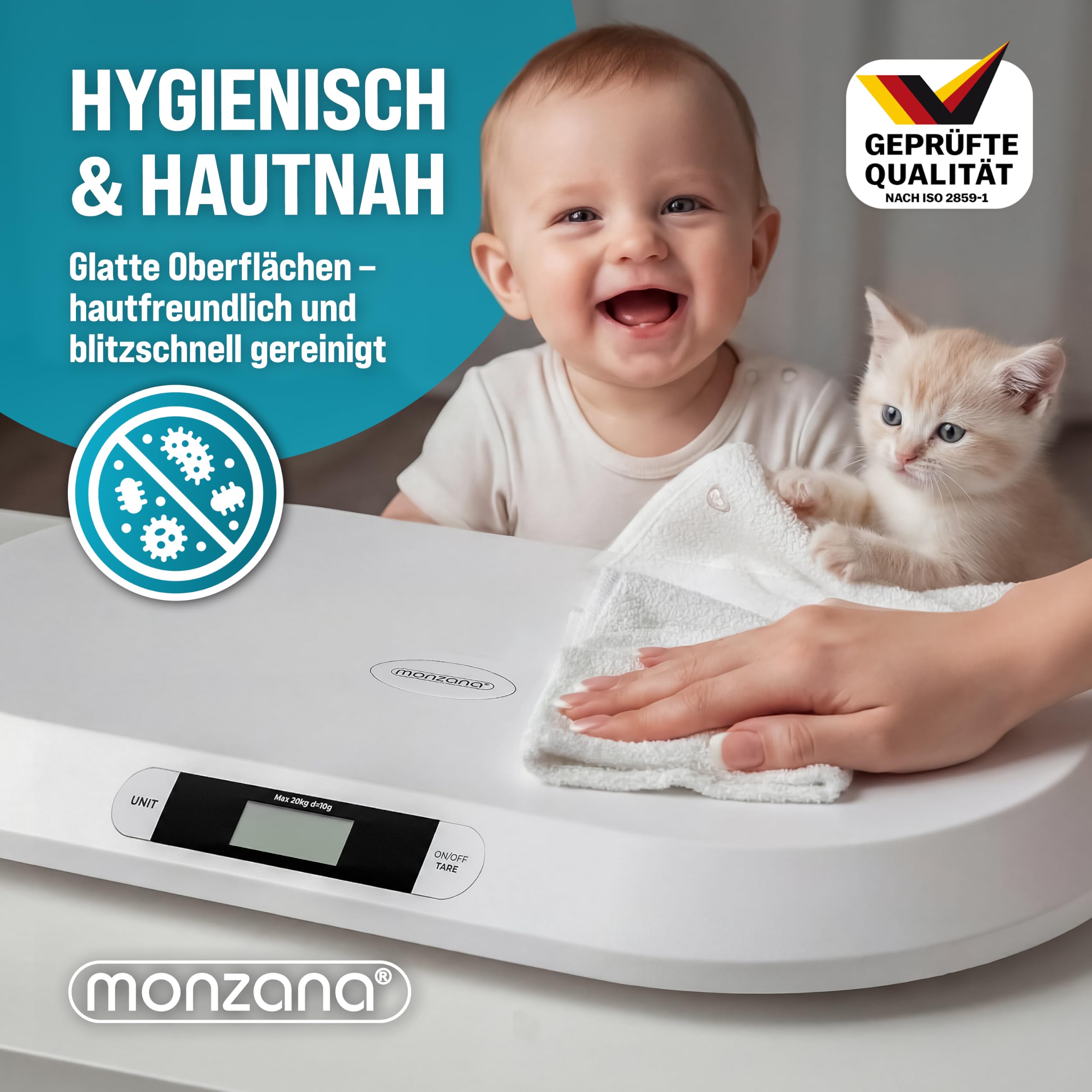 MONZANA® Digitale Babywaage bis 20 kg Säuglingswaage mit Tara-Funktion - Große Liegefläche LCD-Display Stillwaage Holdfunktion Hunde & Katzen Kleintiere