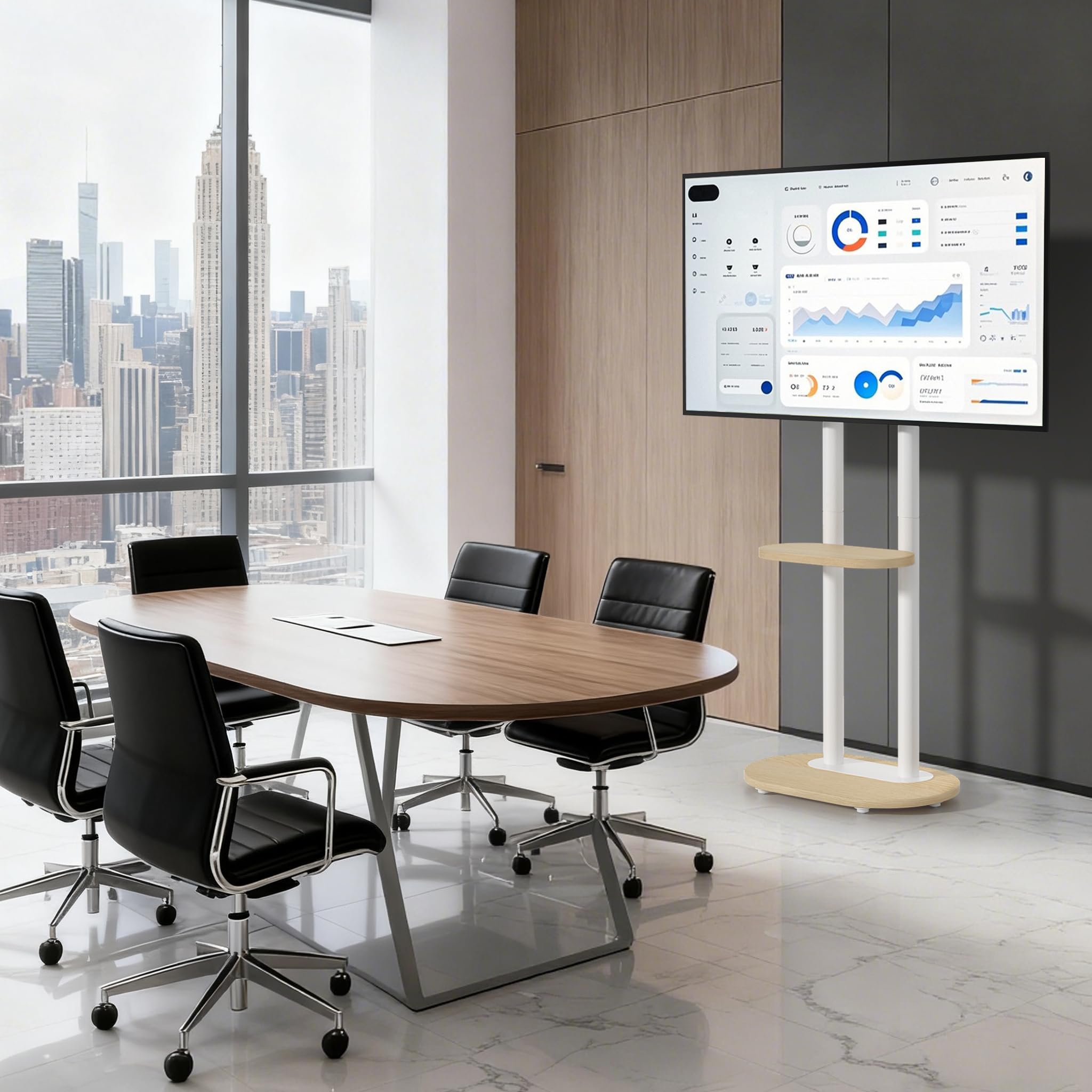 UNHO Supporto TV da Pavimento con Ruote Nascoste per 40-75 Pollici Bianco | Porta TV con Ruote, Peso Max 60kg, Max VESA 600x400mm, Legno Ripiano, Regolabile in Altezza, Doppia Colonna Stabile