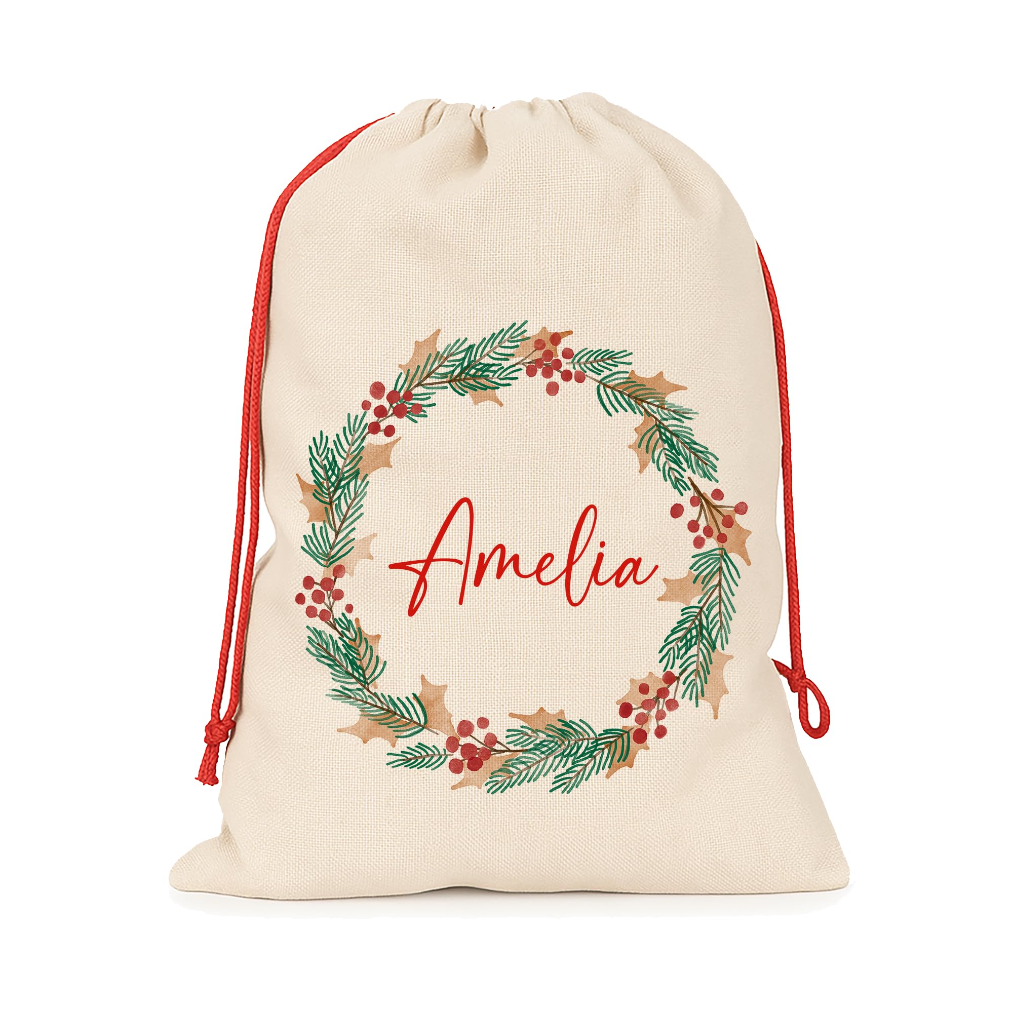 Chicken Craft Personalised Small Santa Sack with Custom Name - Christmas Sack for Presents - Kids Xmas Gift Bag - Christmas Eve Bag - 30x40cm Linen Style - Wreath