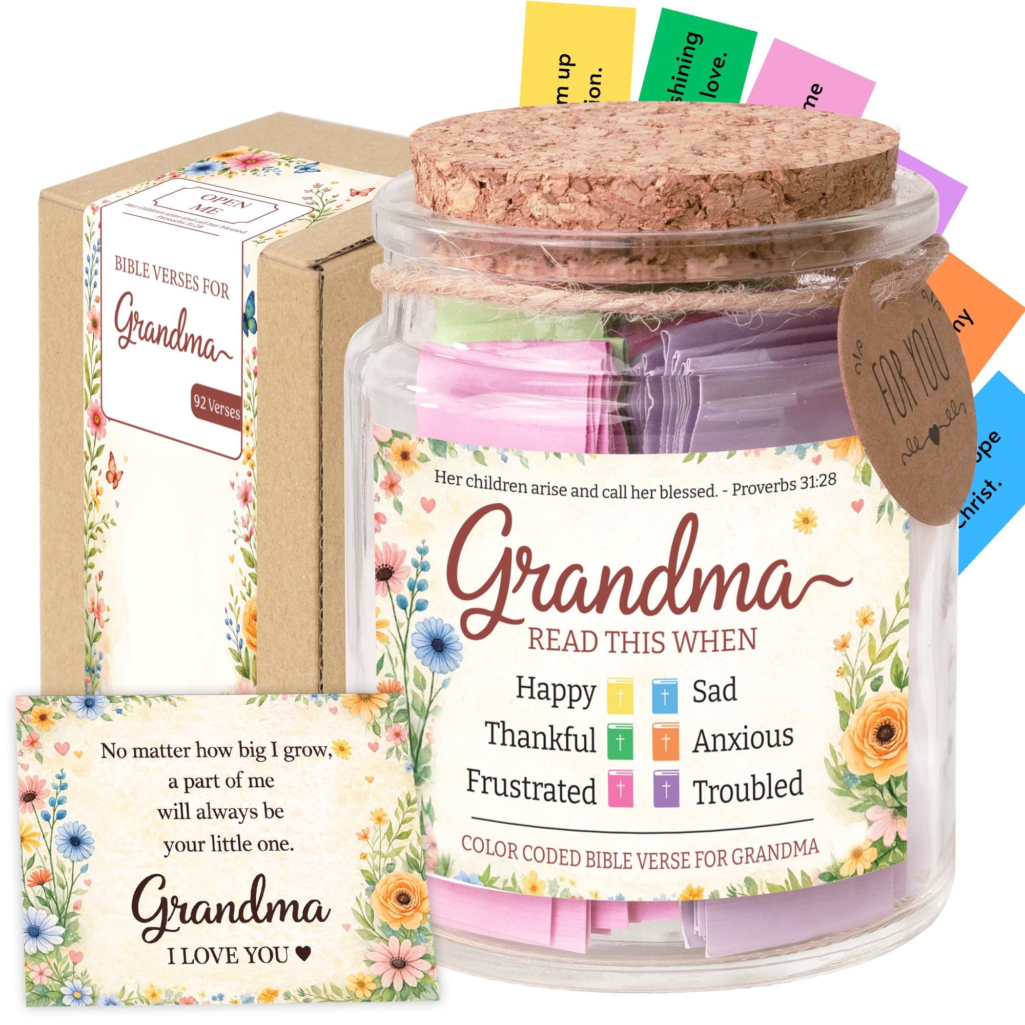 Bible Verse Jar for Grandma, 92 Color Coded Bible Verse in Glass Jar, Christian Gifts for Grandma, Mothers Day Gifts for Grandma, Religious Birthday Christmas Gift for Grandmother