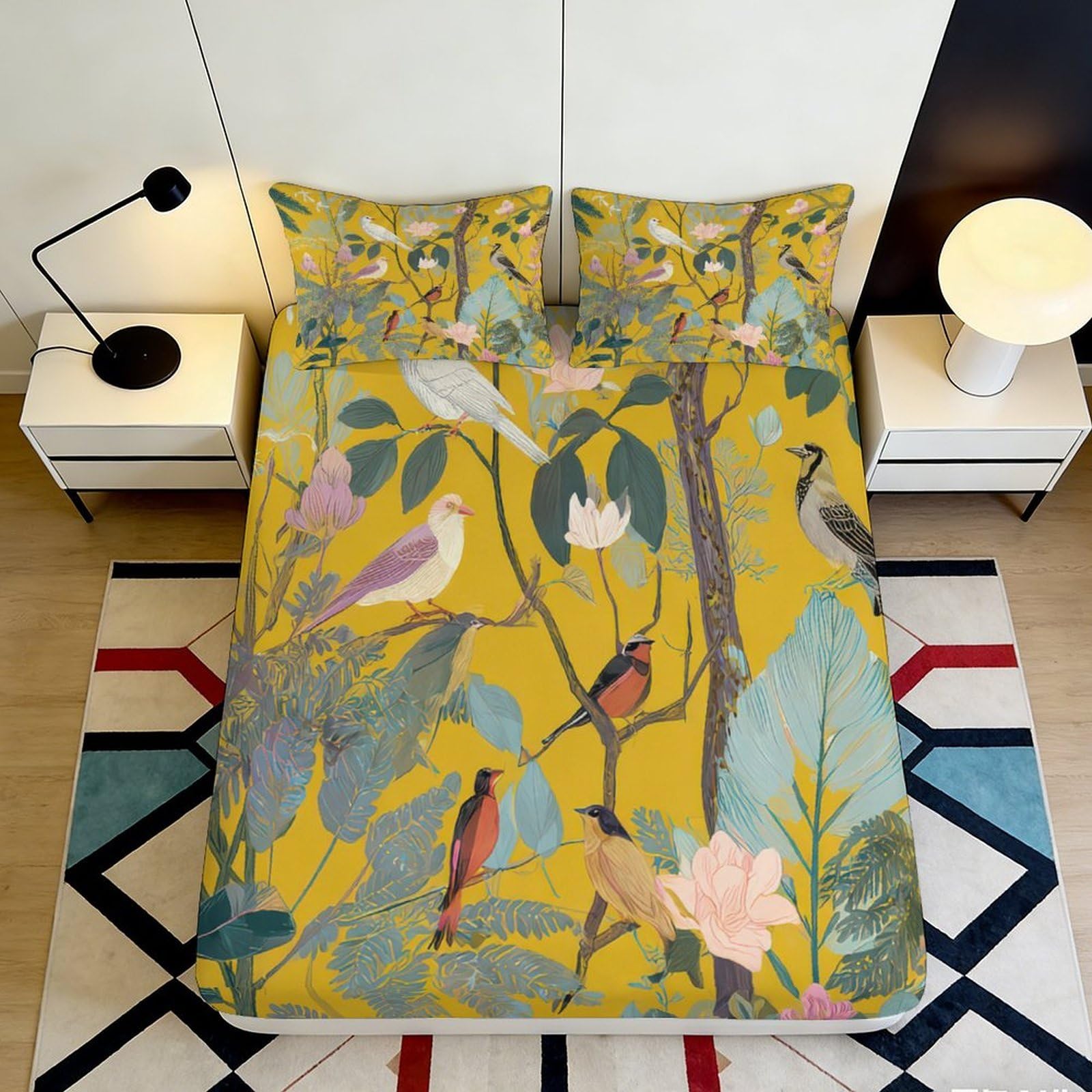 Jqzkxnhpbr Style-5 3D Printed Tropical Bird Forest Fitted Sheet Microfiber Soft Yellow Leaf Mattress Cover For Bedroom Decor 90X200x25cm