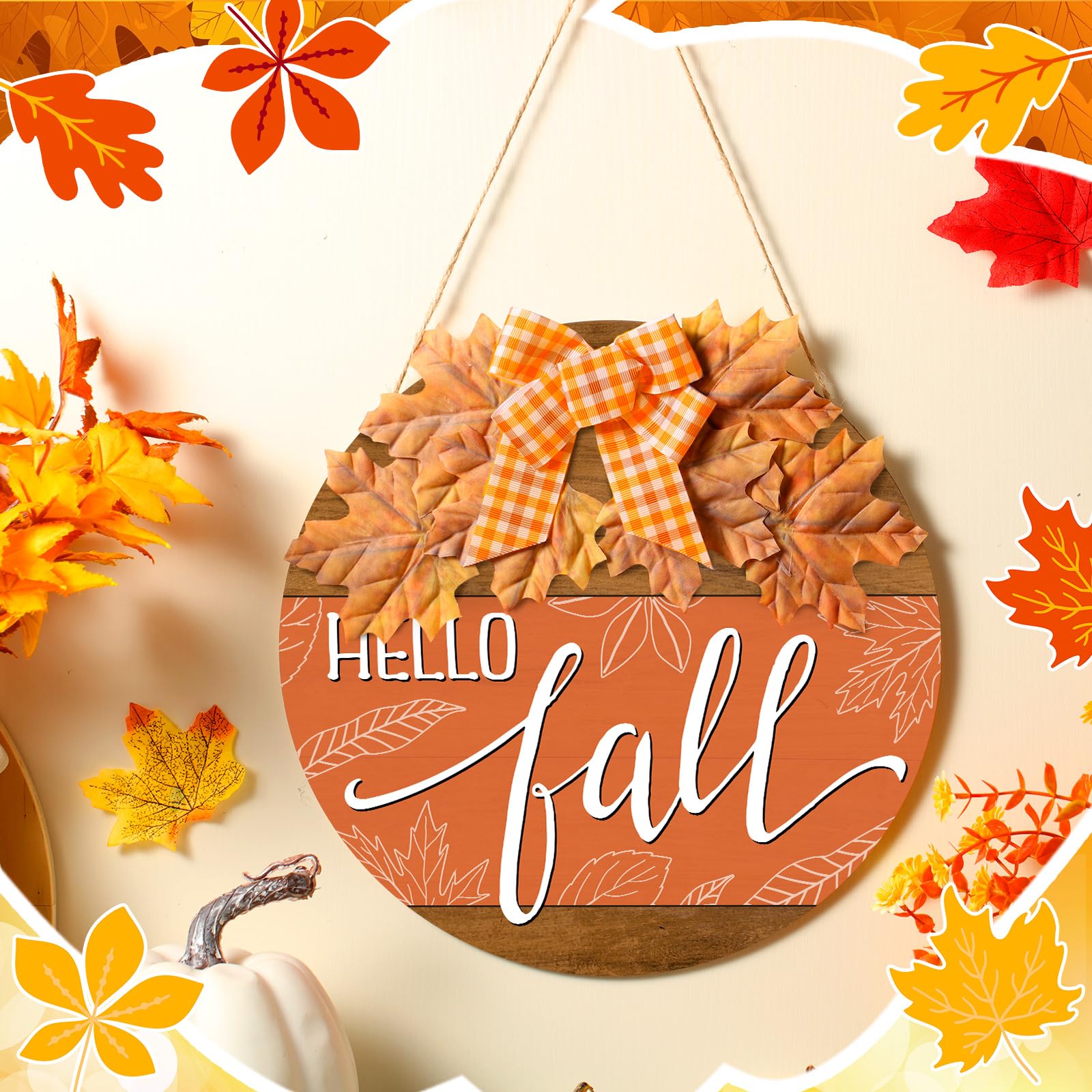Hello Fall Football Welcome Sign - 12" Wooden Hanging Door Decor For Thanksgiving & Autumn Porch