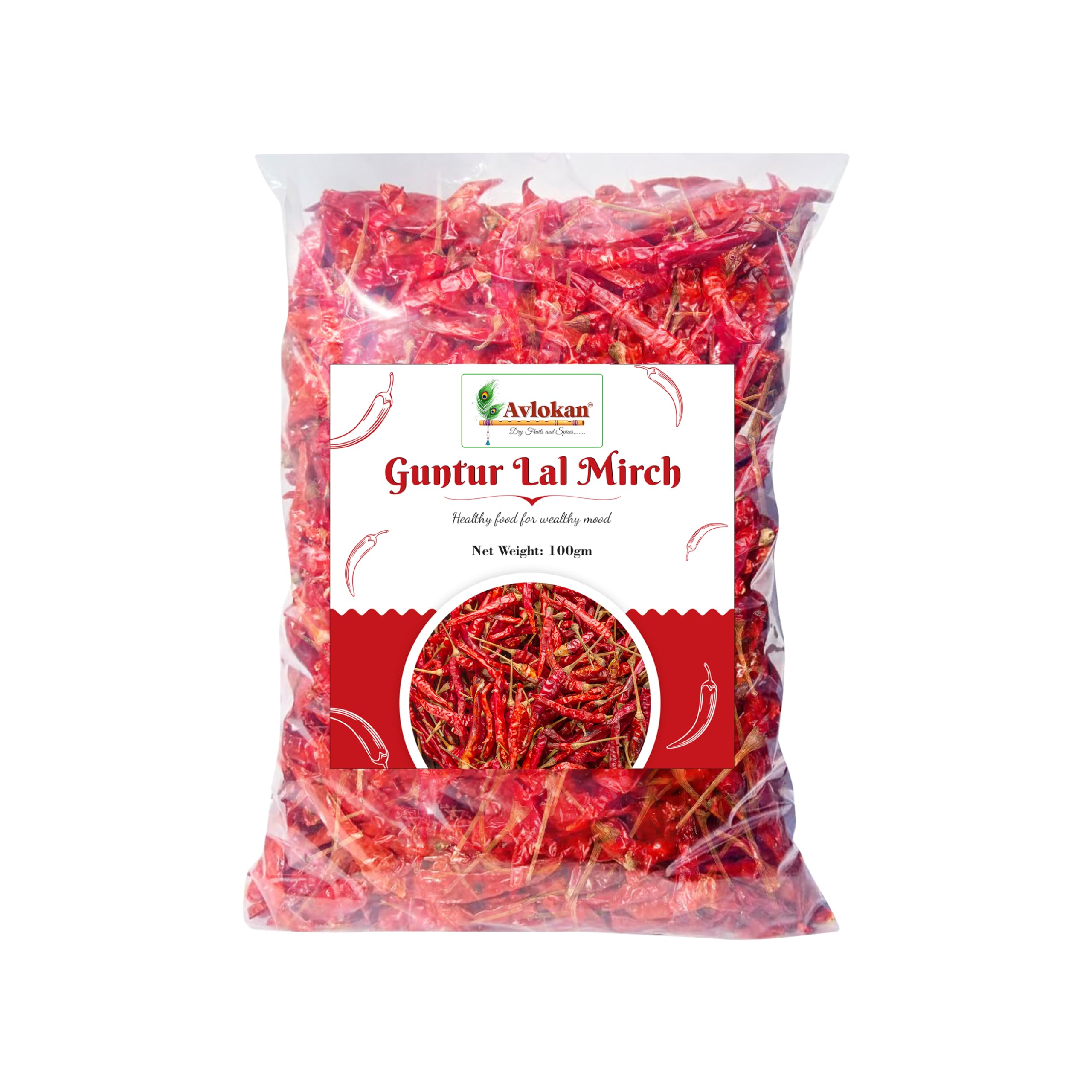 Avlokan Guntur Red Chilli Whole with Stem - 100% Natural, Hot & Spicy Dried Red Chilli | Guntur Sabut Lal Mirch Guntur Withstem Red Chilli, 100 grams