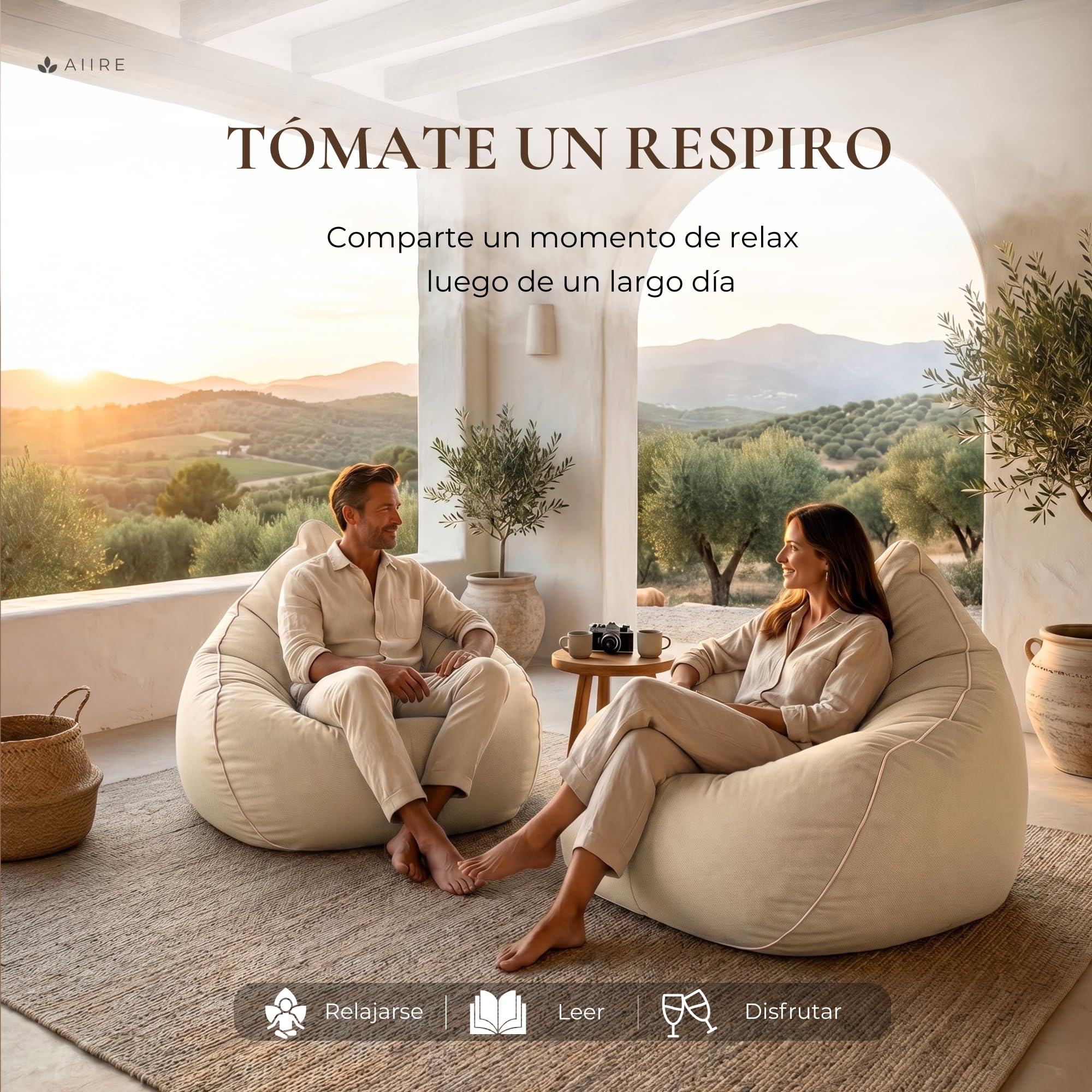 Aiire Puff Exterior Jardín en Olefina - Sofa Puf con Relleno Incluido XXL de Diseño para Terraza, Jardín o Piscina - Bean Bag Chair Salon o Decoracion Habitacion Juvenil Beige [100x100x90]