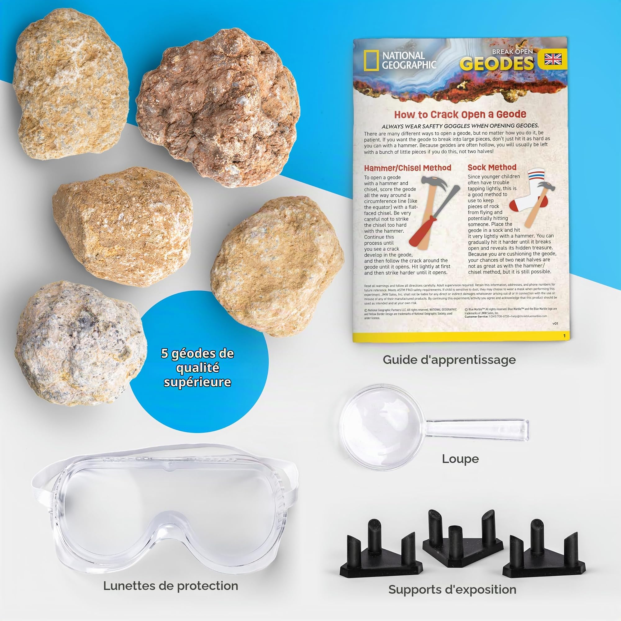 NATIONAL GEOGRAPHIC Ouvrir 5 Géodes Géantes - Kit de Sciences de la Terre Muni de 5 Géodes Extra-Larges de Qualité Supérieure avec Cristaux, Lunettes, Guide d'apprentissage et Présentoirs, STEM