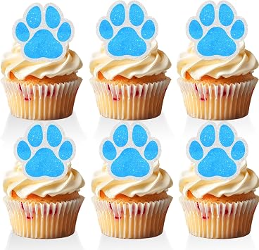 18 PCS Paw Print Cupcake Toppers for Boys Baby Shower Blue Glitter Bone Puppy Cake Toppers Dog Birthday Themed Party Decorations Lets Pawty Supplies