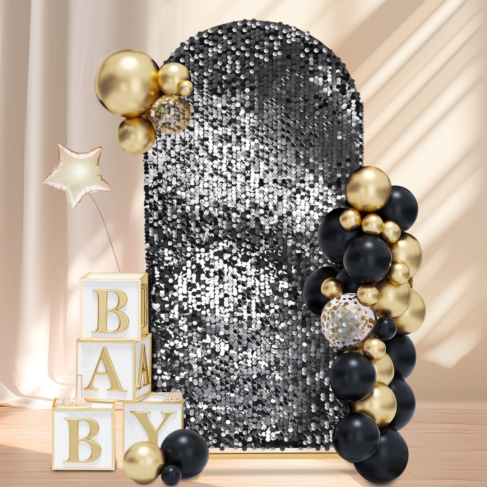 Copertura per sfondo con paillettes nere, 2 m: copertura per arco in tessuto Payette glitterato per feste di compleanno e baby shower