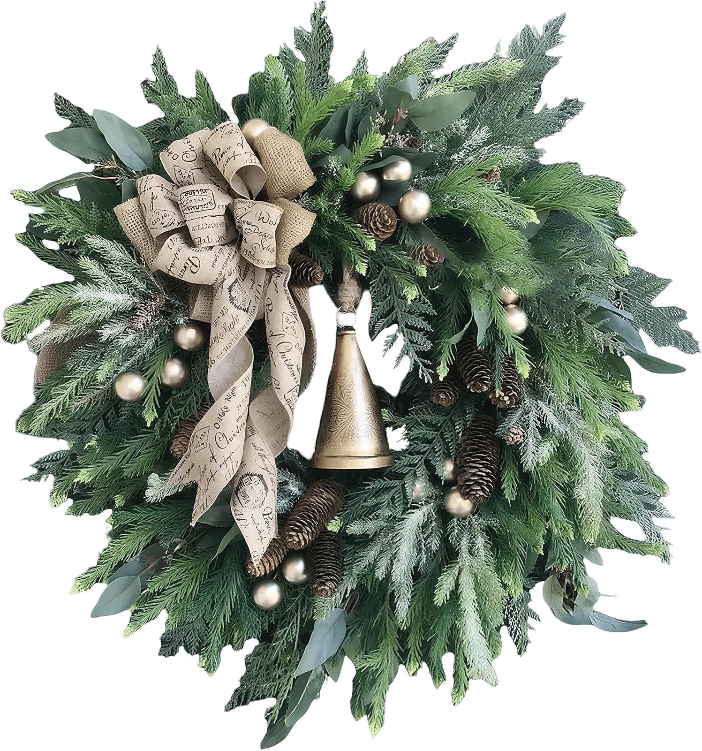 24 Inch Green Christmas Wreath, Artificial Christmas Wreaths for Front Door, Porch, Entryway, Outdoor, Holiday Decorations, with Large Bell, Bow, Golden Ball, Pine Cones, Water Grass