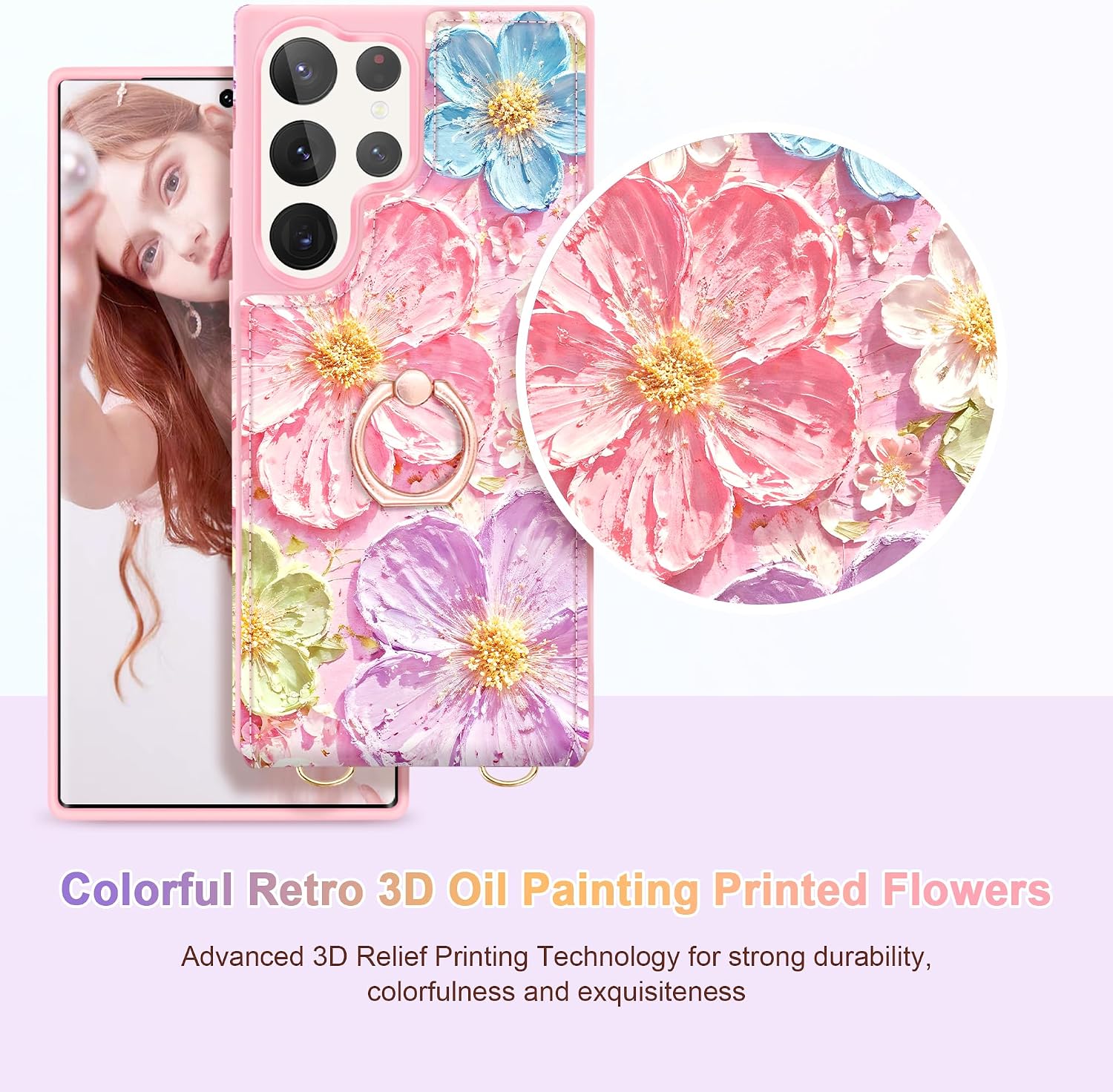for Samsung Galaxy S24 Ultra Case Wallet with Card Holder&Crossbody Strap,3D Oil Painting Flower Case with [Screen Protector+Camera Lens Protector] Ring Stand&Strap Wrist Flip Cover,Rose Gold