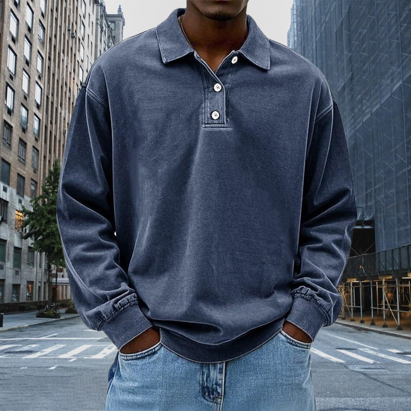 Polo de rugby vintage décontracté pour homme en coton confortable à manches longues et col boutonné