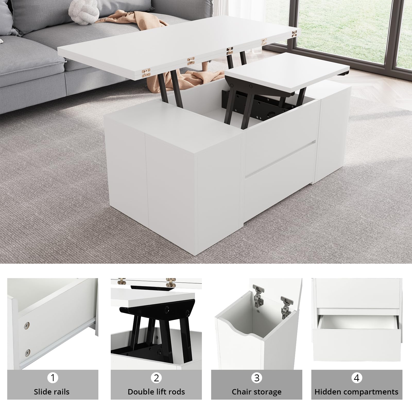 VOWNER Mesa de Centro Elevable Extensible (Blanco) | Multifuncional 4 en 1 con 4 Taburetes para Comedor de Salón