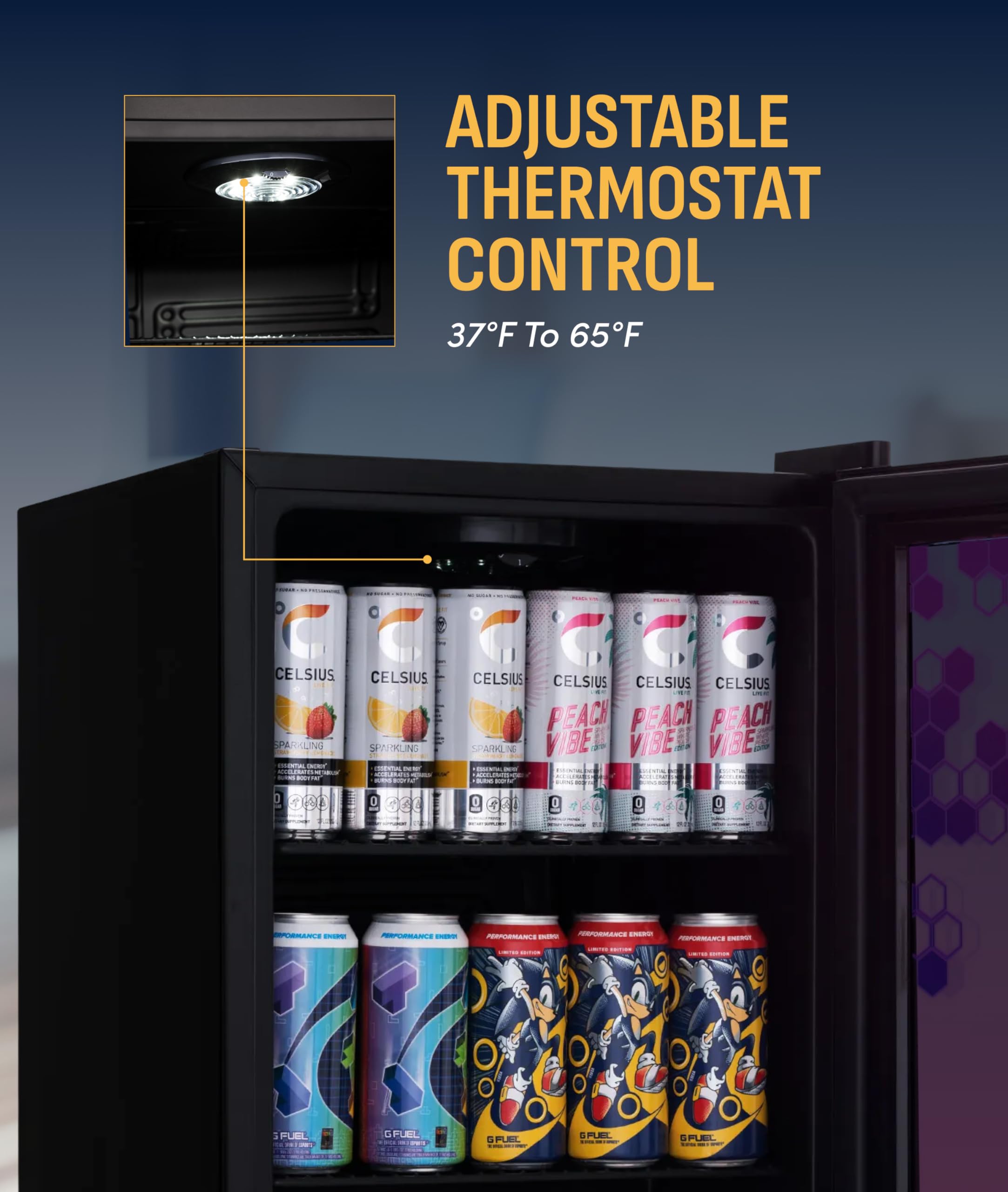 NewAir 85 Can Beverage Refrigerator With Hexacolor LED Lights | Small Mini Fridge For Bedroom, Gaming Room, Or Office | Remote Controlled Lighting & Quiet Cooling on Fridge.com - View 5