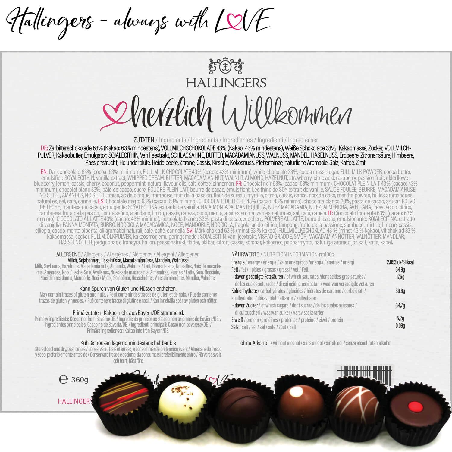 Hallingers Genuss Manufaktur Pralinen Glückwunsch-Geschenk - ohne Alkohol, handmade aus Confiserie-Edelkakao in wertiger XXL-Geschenkbox "Herzlich Willko...", Geschenkidee für Frauen Männer