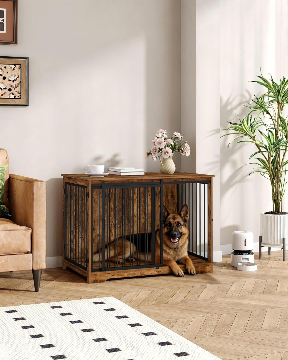 Hzuaneri 43.3" Dog Crate Furniture with Barn Door, Heavy Duty Dog Kennel Indoor with 2 Doors, Wooden Pet Cage End Table for Large Small Medium Dogs, Anti-Chew Anti-Escape, Rustic Brown DFC92301B