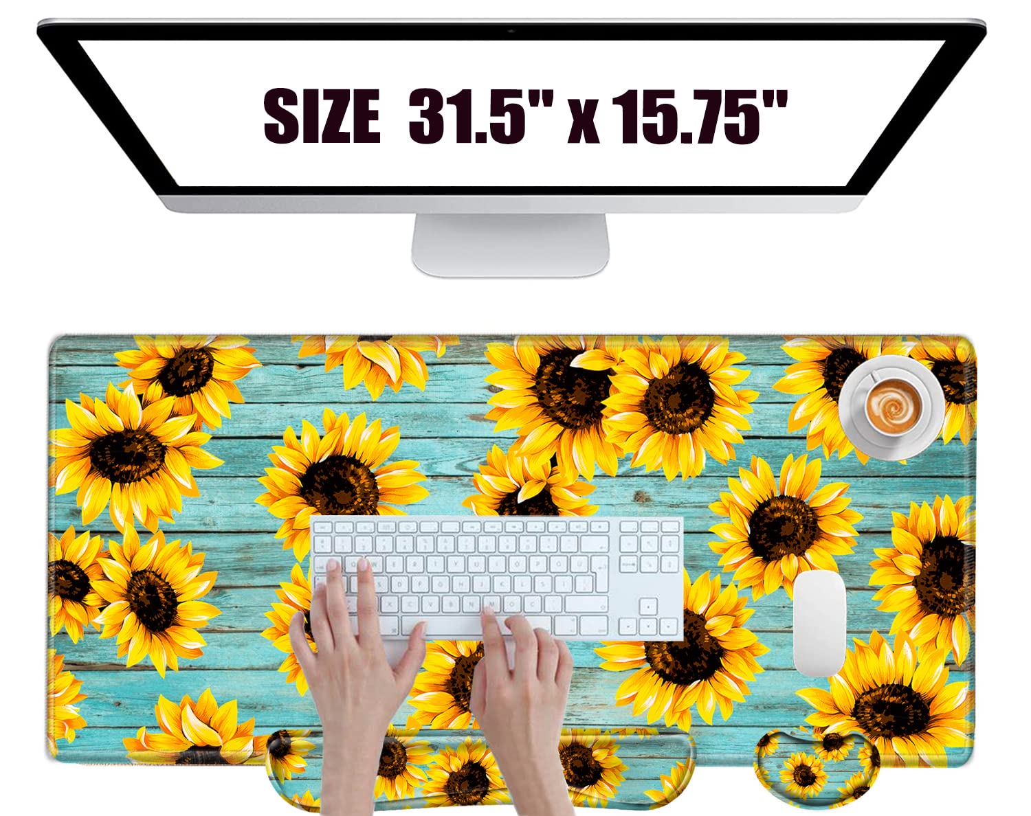 Gaming Mouse Pad Sunflower Desk Mat Large Mousepad and Keyborad Wrist Support Computer Mat for Wrist Rest XXL Desk Pad 3 in 1 Mouse Mat Non-Slip Rubber Base — image 1