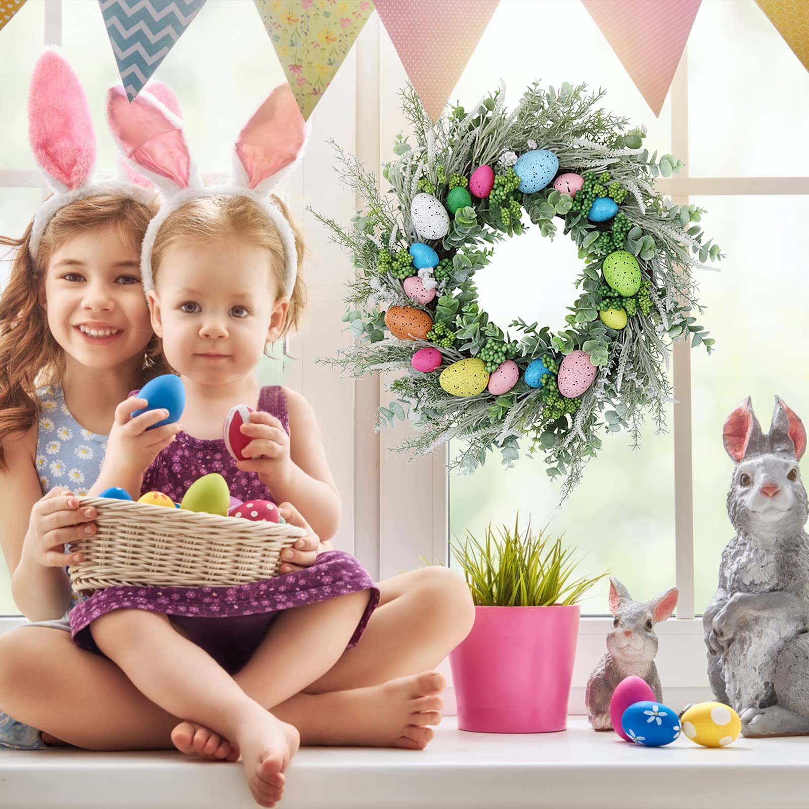 Couronne De Pâques Colorée Avec Œufs Et Fleurs - Décoration De Porte Printanière Festive
