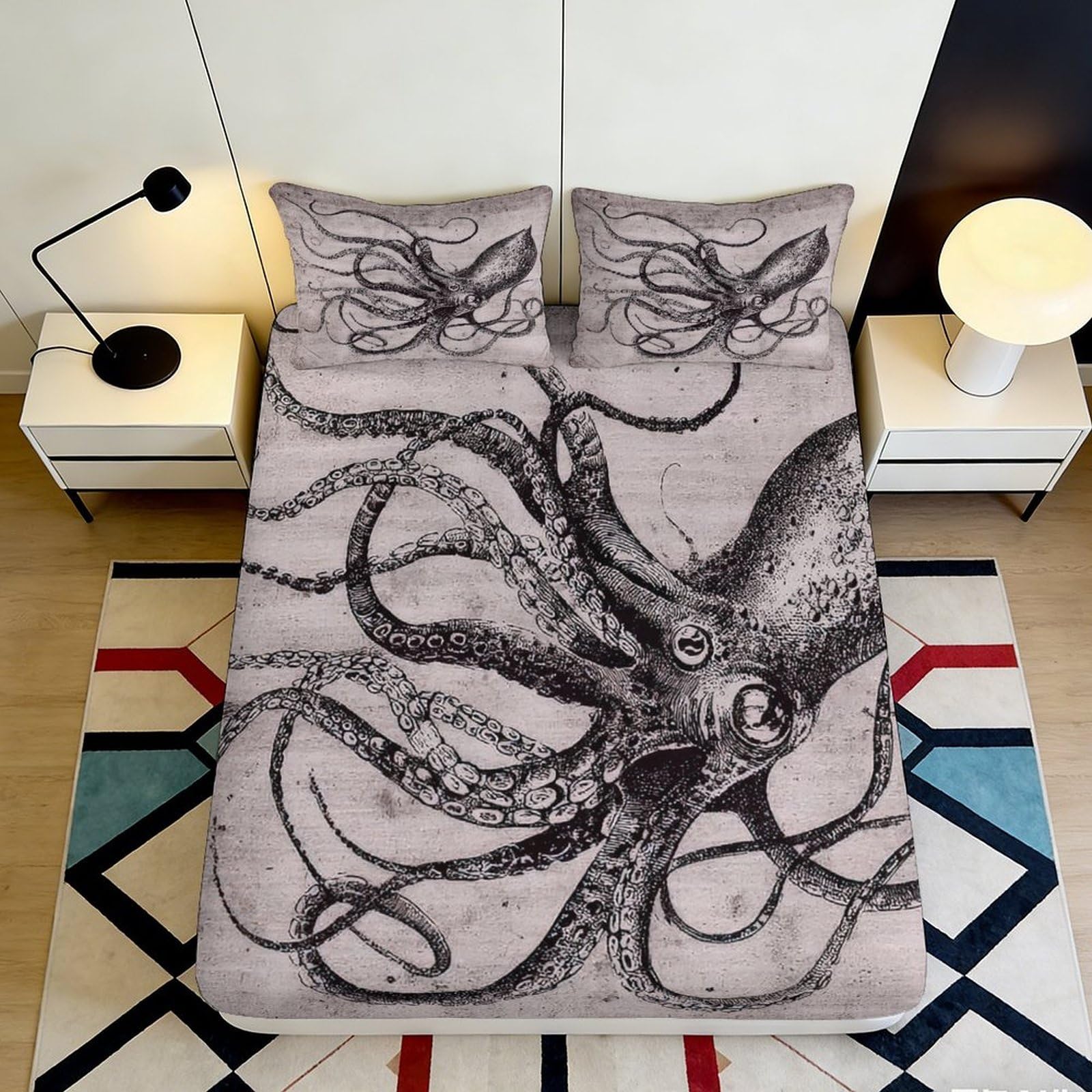 3D Printed Octopus Fitted Sheet Microfiber Soft Artistic Sea Life Bed Cover for Bedroom Guest Room Decor Protection 90x200x25cm