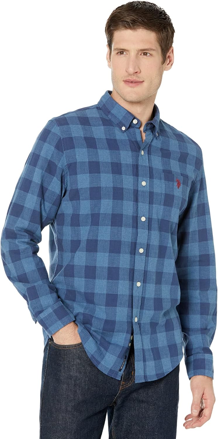 U.S. Polo Assn. Long Sleeve Slim Fit Buffalo Plaid Woven Shirt Rinse Blue Heather SM