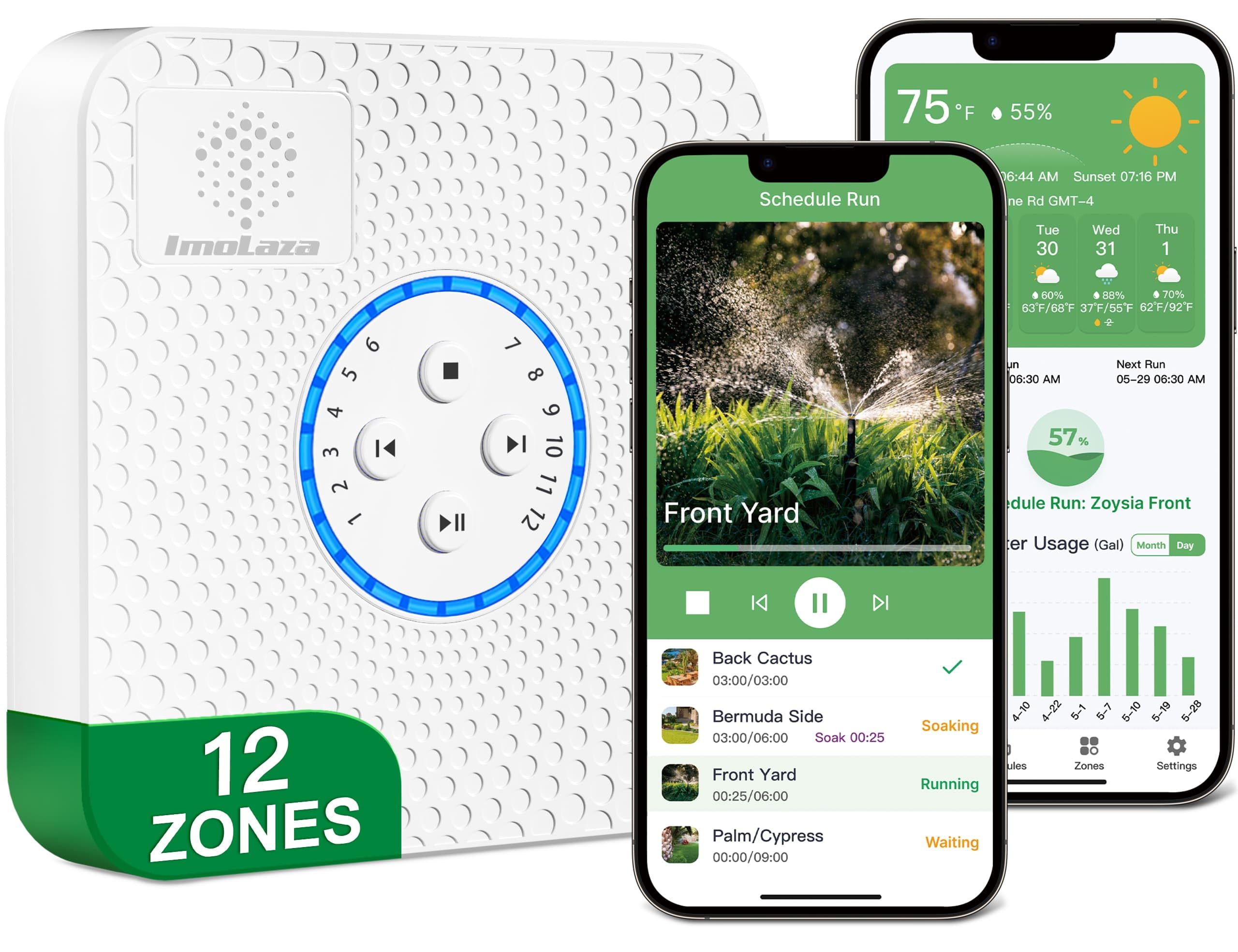 ImolazaSmart Sprinkler Controller Evapotranspiration Master: 12 Zones WiFi Irrigation Controller with Automated Watering and App Control, Save Water Through Rain, Freeze, Wind and Saturation Skip