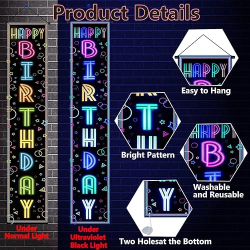 Miniatura 2 de Decoraciones de fiesta de neón – Cartel de puerta con tema de feliz cumpleaños que brilla en la oscuridad, letrero de porche con texto "Let's Glow