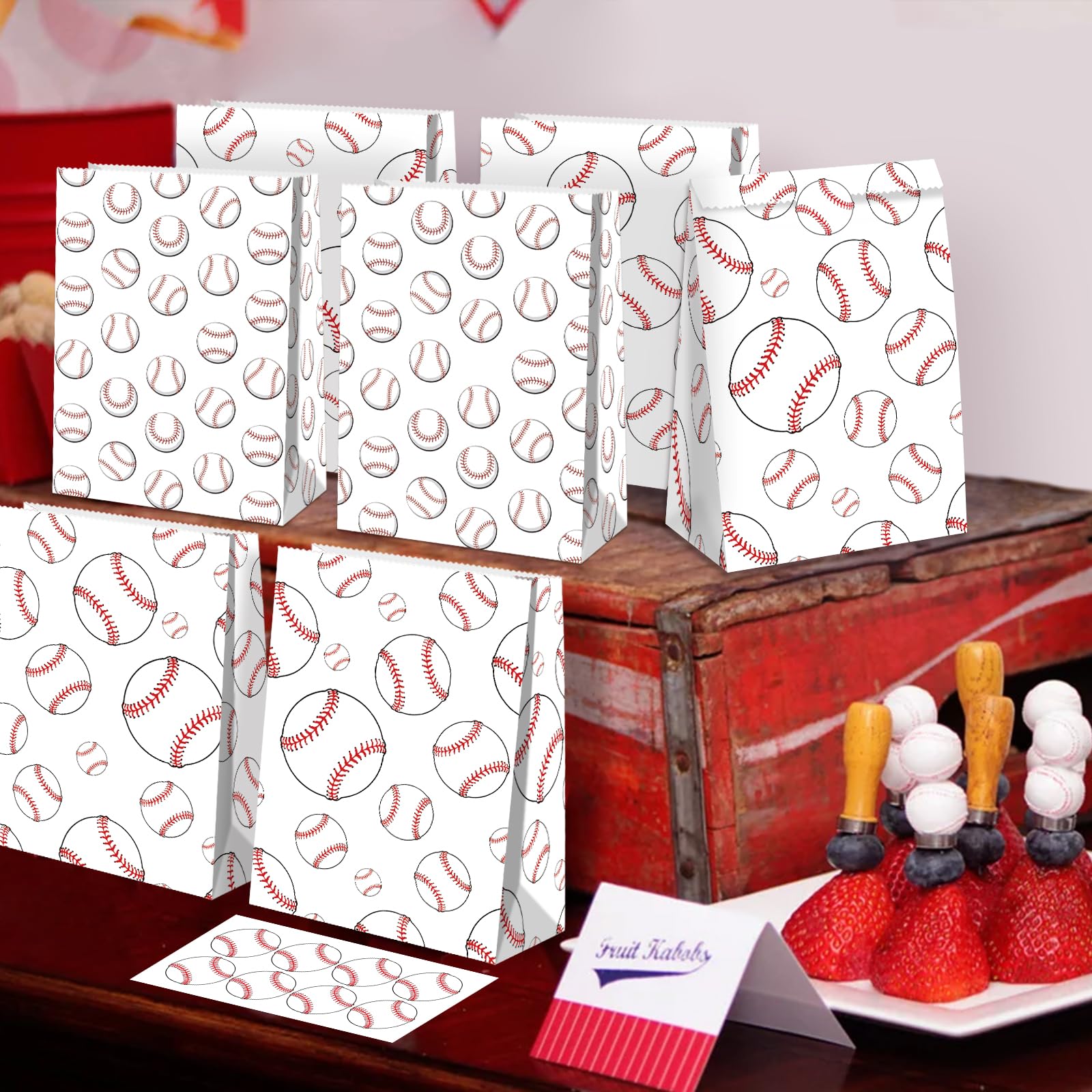24 Baseball-Geschenktüten Mit Aufklebern – Kraftpapier, Ca. 24x13 Cm, Für Mottoparty