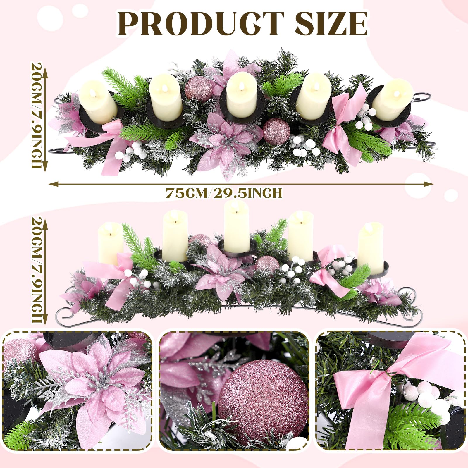 Yungyan Centre de table de Noël de 76,2 cm, comprend 5 bougeoirs LED à piles, des fleurs de poinsettia roses, un nœud rose, des pommes de pin et une base, décorations de table artificielles de Noël