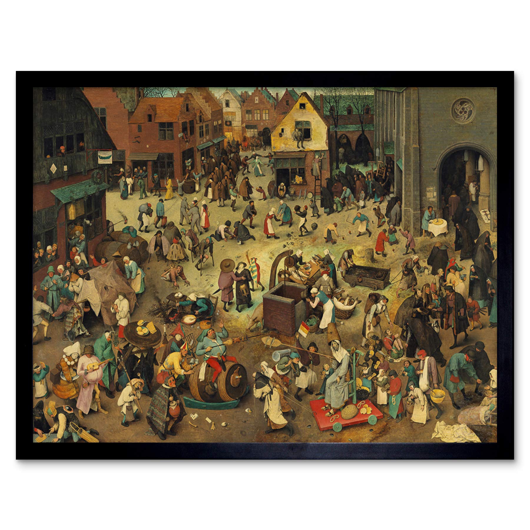 Artery8 Framed Black 12X16 Pieter Bruegel Fight Between Carnival Lent Painting Art Print Framed Poster Wall Decor 12X16 Inch