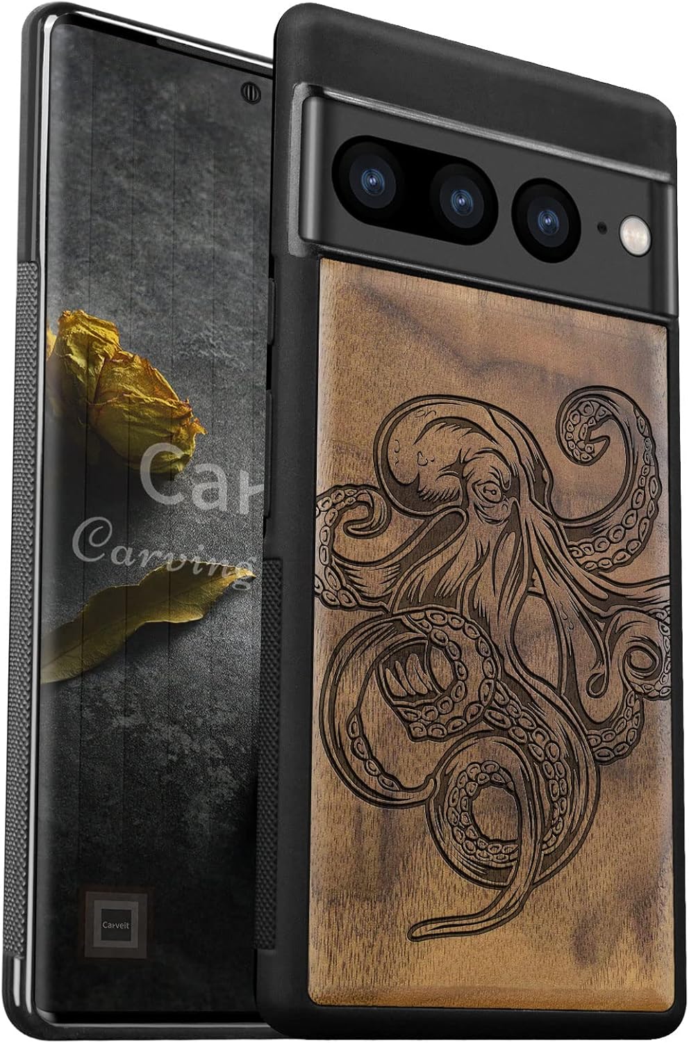 Carveit Wood Case for Pixel 7 Pro - Natural Wood & Black Soft TPU - Shockproof - Engraved Octopus Design - Compatible with Google Pixel 7 Pro