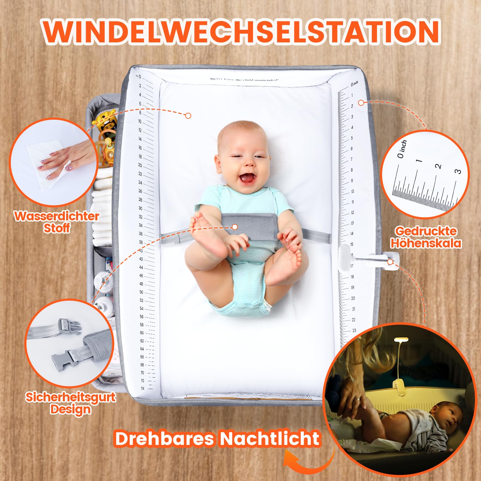 Orzbow Baby Wickelkommode mit Schubladen und Nachtlicht, Höhenverstellbarer Mobiler Wickeltisch Klappbar mit Sicherheitsgurt, Grau