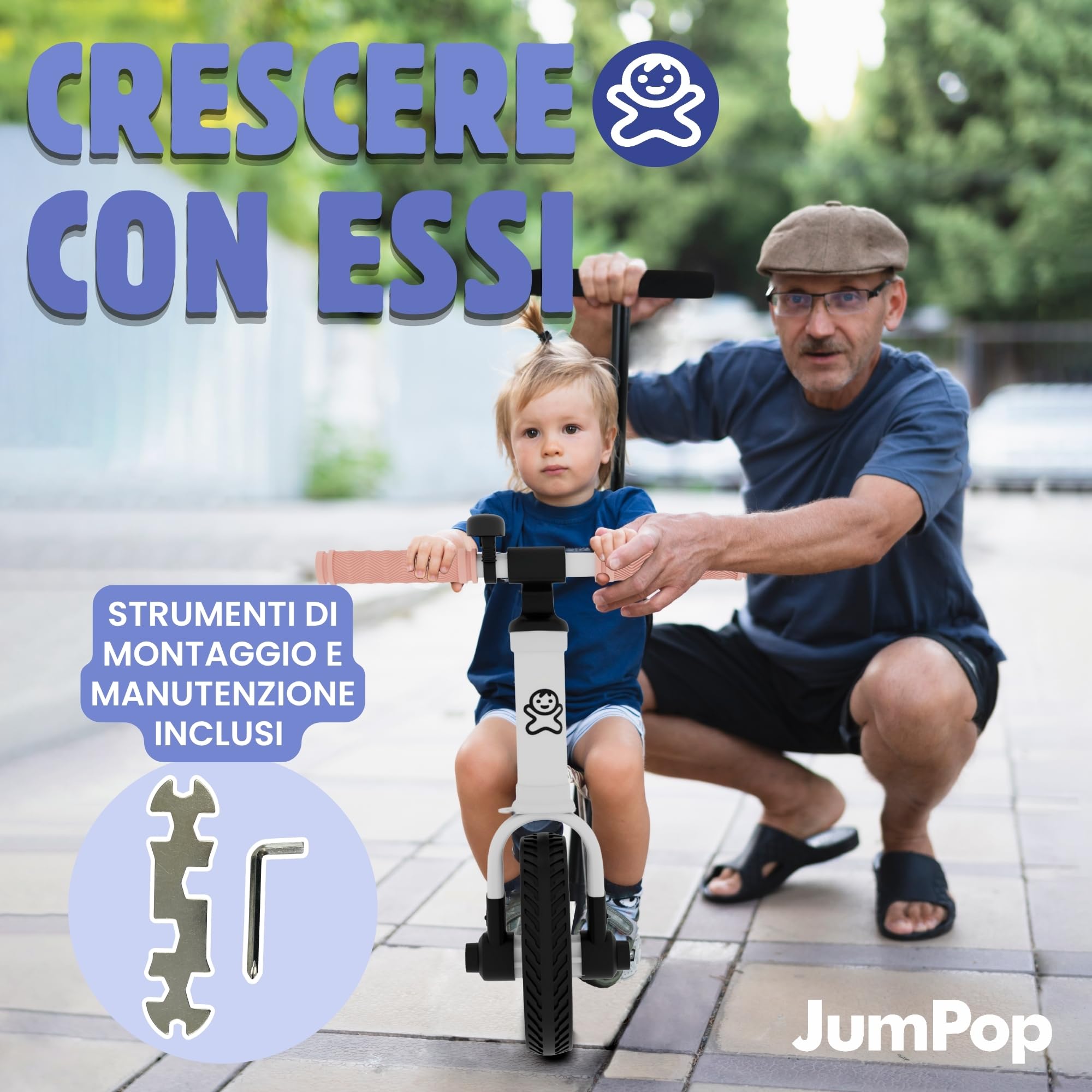 JumPop Triciclo Evolutivo 5 in 1 + Campanello con adesivi e video montaggio QR incluso | Triciclo Bebe 1 anno a 5 anni con accessori divertenti (Bianco/ Beige